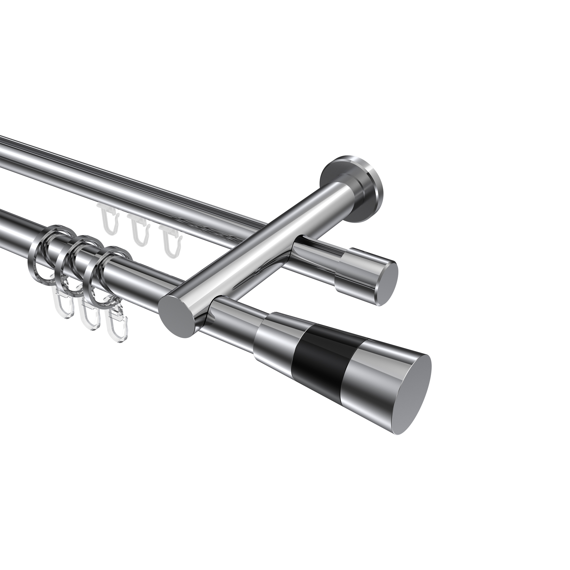 Rundrohr-Innenlauf-Vorhangstange Chrom, Aluminium / Metall 20 mm Ø Platon Tanara, zweiläufig Rundrohr-Innenlauf-Vorhangstange Chrom, Aluminium / Metall 20 mm Ø Platon Tanara, zweiläufig