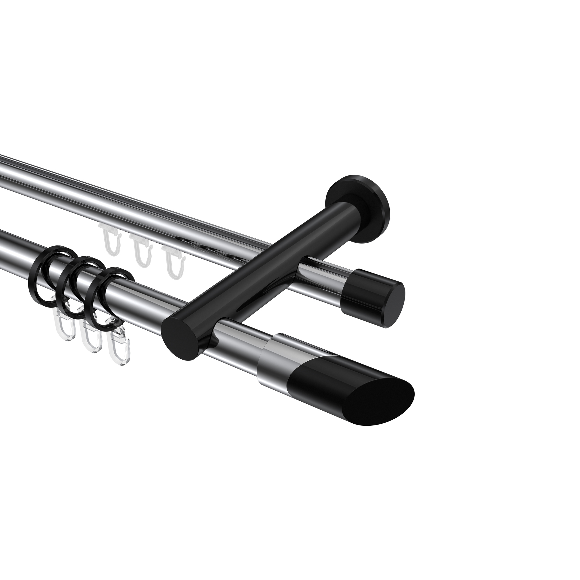Rundrohr-Innenlauf-Gardinenstange Chrom / Schwarz, Aluminium / Metall 20 mm Ø Platon Verano, zweiläufig Rundrohr-Innenlauf-Gardinenstange Chrom / Schwarz, Aluminium / Metall 20 mm Ø Platon Verano, zweiläufig