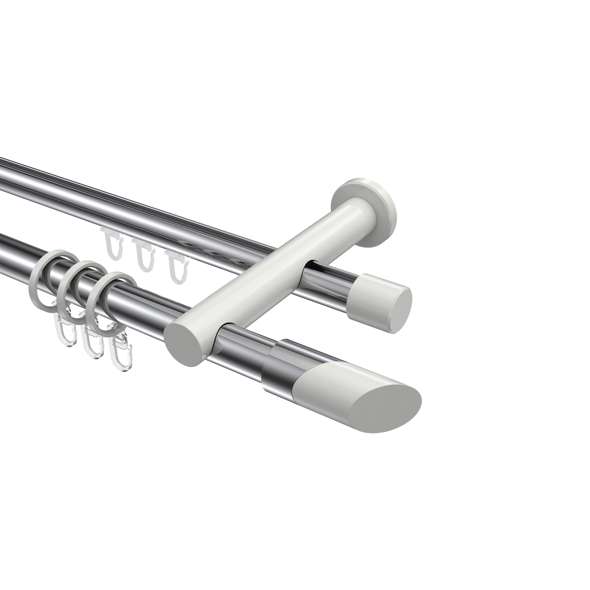 Rundrohr-Innenlauf-Gardinenstange Chrom / Weiß, Aluminium / Metall 20 mm Ø Platon Verano, 2-läufig Rundrohr-Innenlauf-Gardinenstange Chrom / Weiß, Aluminium / Metall 20 mm Ø Platon Verano, 2-läufig