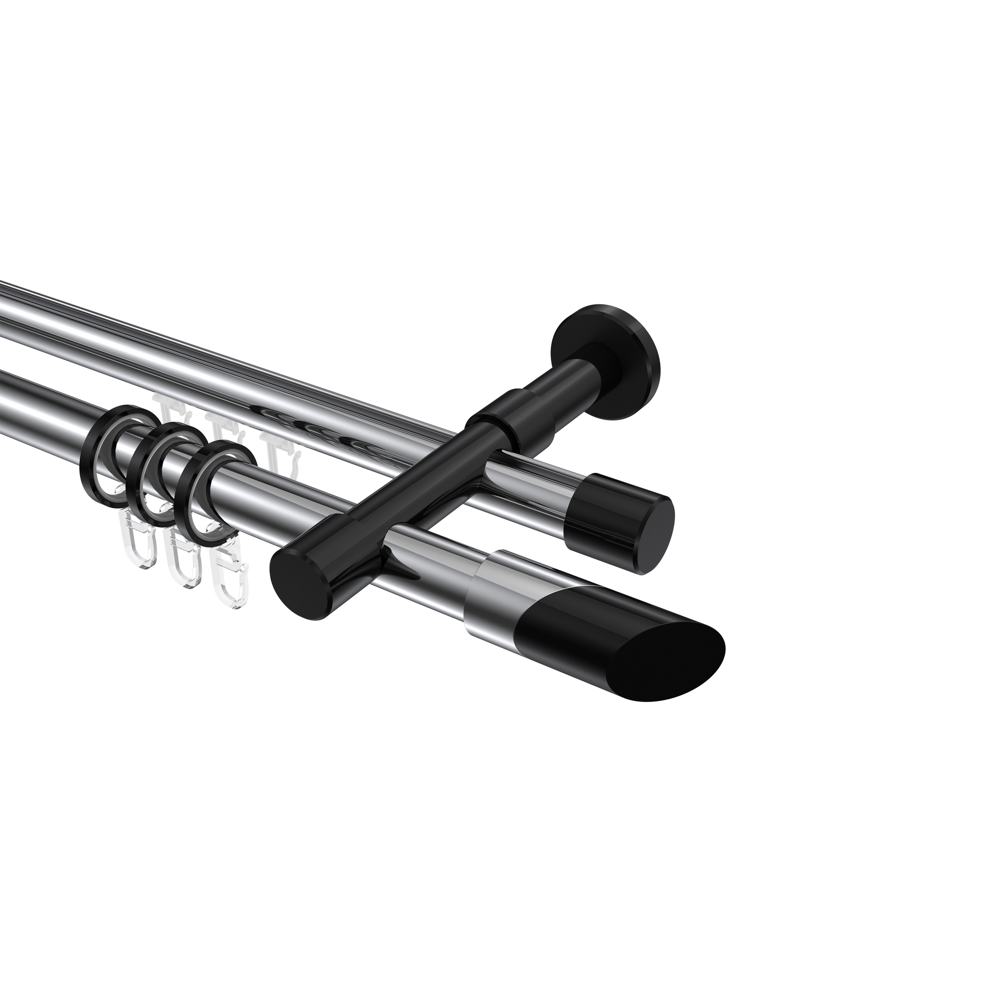 Rundrohr-Innenlauf-Gardinenstangen Chrom / Schwarz, Aluminium / Metall 20 mm Ø Prestige Verano, zweiläufig Rundrohr-Innenlauf-Gardinenstangen Chrom / Schwarz, Aluminium / Metall 20 mm Ø Prestige Verano, zweiläufig