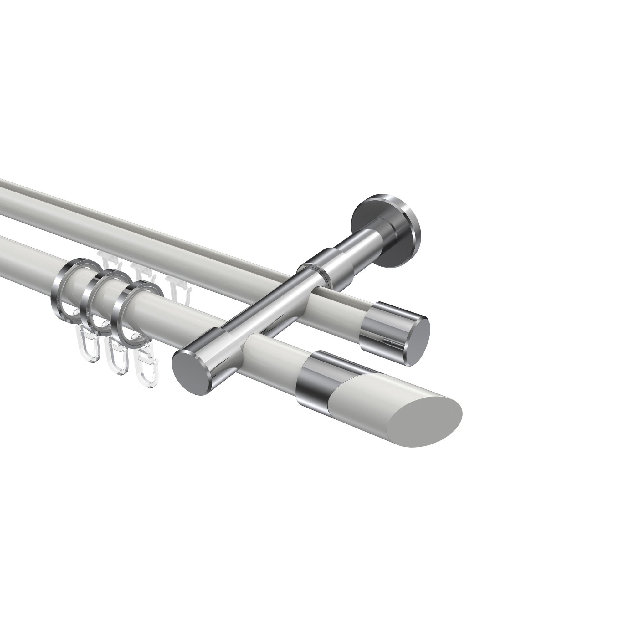 Rundrohr-Innenlauf-Gardinenstangen Weiß / Chrom, Aluminium / Metall 20 mm Ø Prestige Verano, doppelläufig Rundrohr-Innenlauf-Gardinenstangen Weiß / Chrom, Aluminium / Metall 20 mm Ø Prestige Verano, doppelläufig