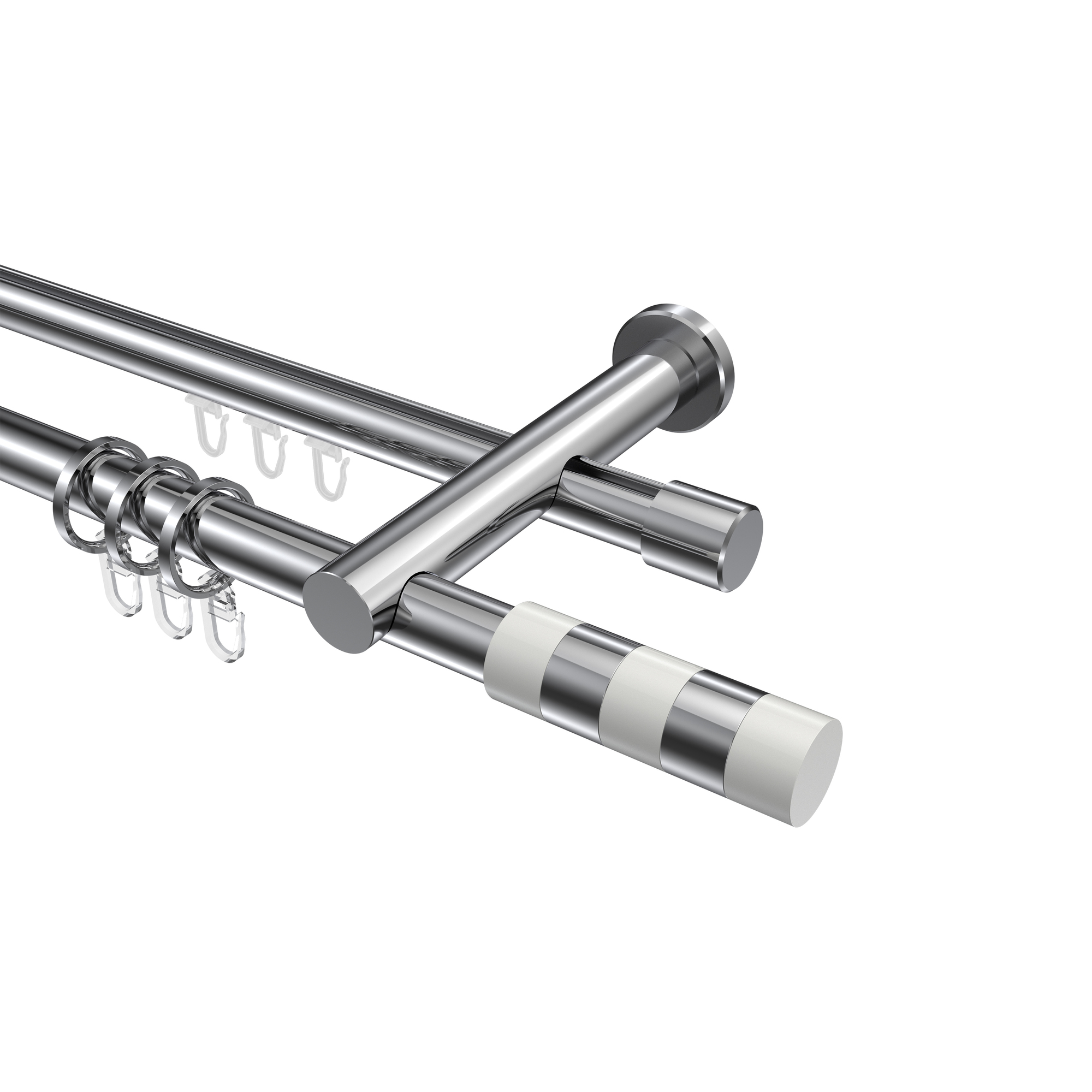 Rundrohr-Innenlauf-Vorhangstange Chrom, Aluminium / Metall 20 mm Ø Platon Mavell, 2-läufig Rundrohr-Innenlauf-Vorhangstange Chrom, Aluminium / Metall 20 mm Ø Platon Mavell, 2-läufig