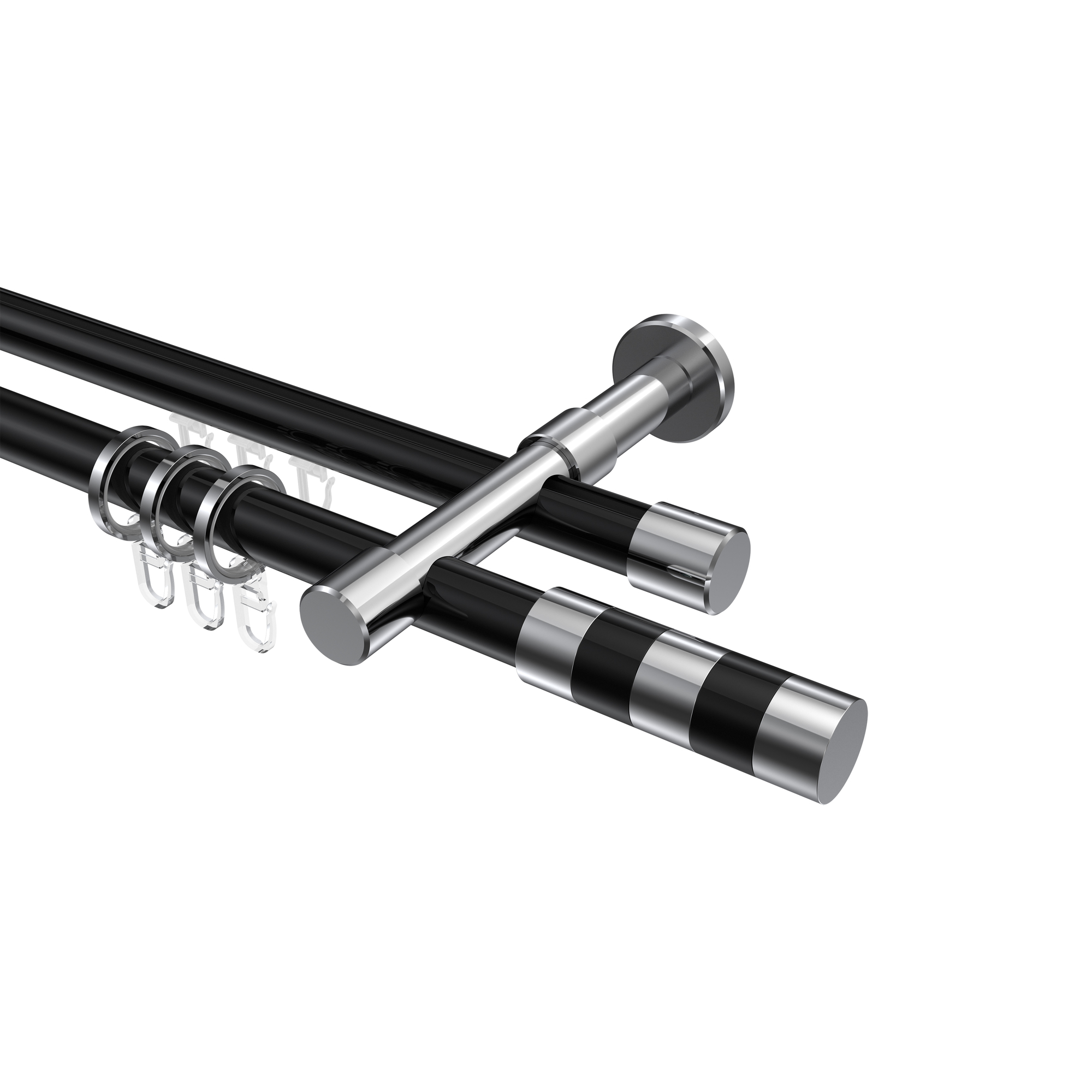 Rundrohr-Innenlauf-Gardinenstangen Schwarz / Chrom, Aluminium / Metall 20 mm Ø Prestige Mavell, zweiläufig Rundrohr-Innenlauf-Gardinenstangen Schwarz / Chrom, Aluminium / Metall 20 mm Ø Prestige Mavell, zweiläufig