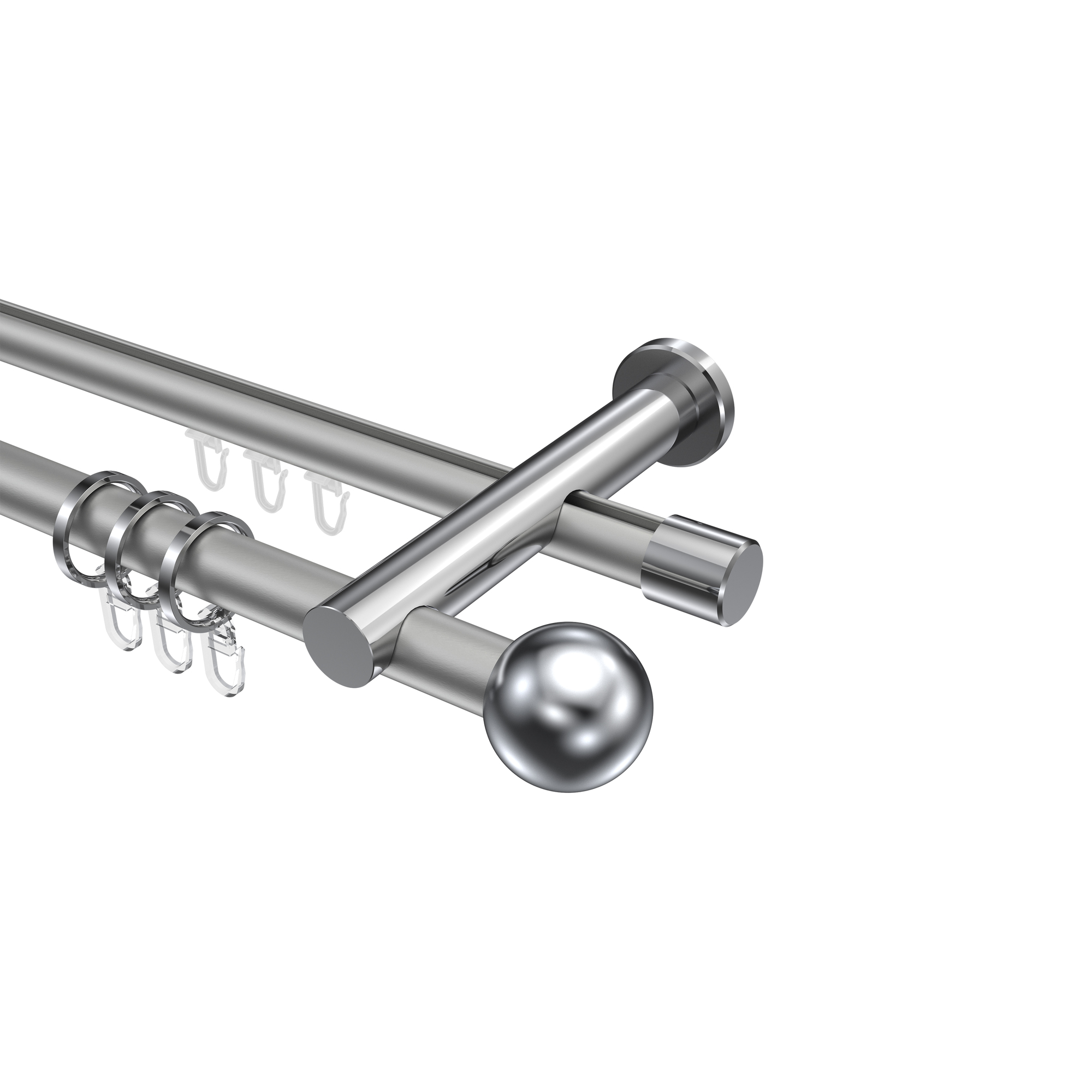 Rohr-Innenlauf-Vorhangstange Silbergrau / Chrom, doppelläufig Aluminium / Metall 20 mm Ø Platon Luino Rohr-Innenlauf-Vorhangstange Silbergrau / Chrom, doppelläufig Aluminium / Metall 20 mm Ø Platon Luino