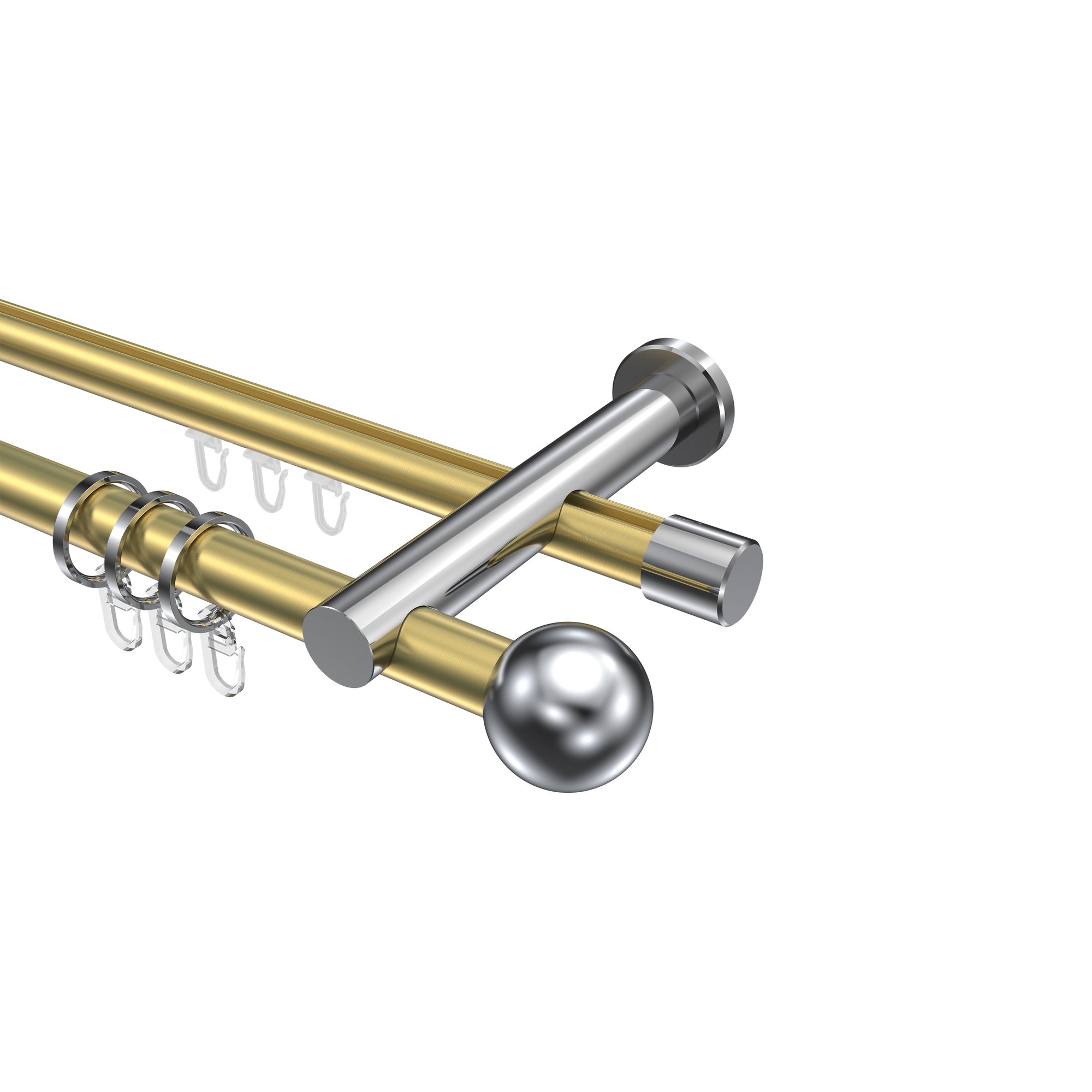 Gardinenstange mit Rundrohr-Innenlauf-Kombination Messing-Optik / Chrom, doppelläufig Aluminium / Metall 20 mm Ø Platon Luino Gardinenstange mit Rundrohr-Innenlauf-Kombination Messing-Optik / Chrom, doppelläufig Aluminium / Metall 20 mm Ø Platon Luino