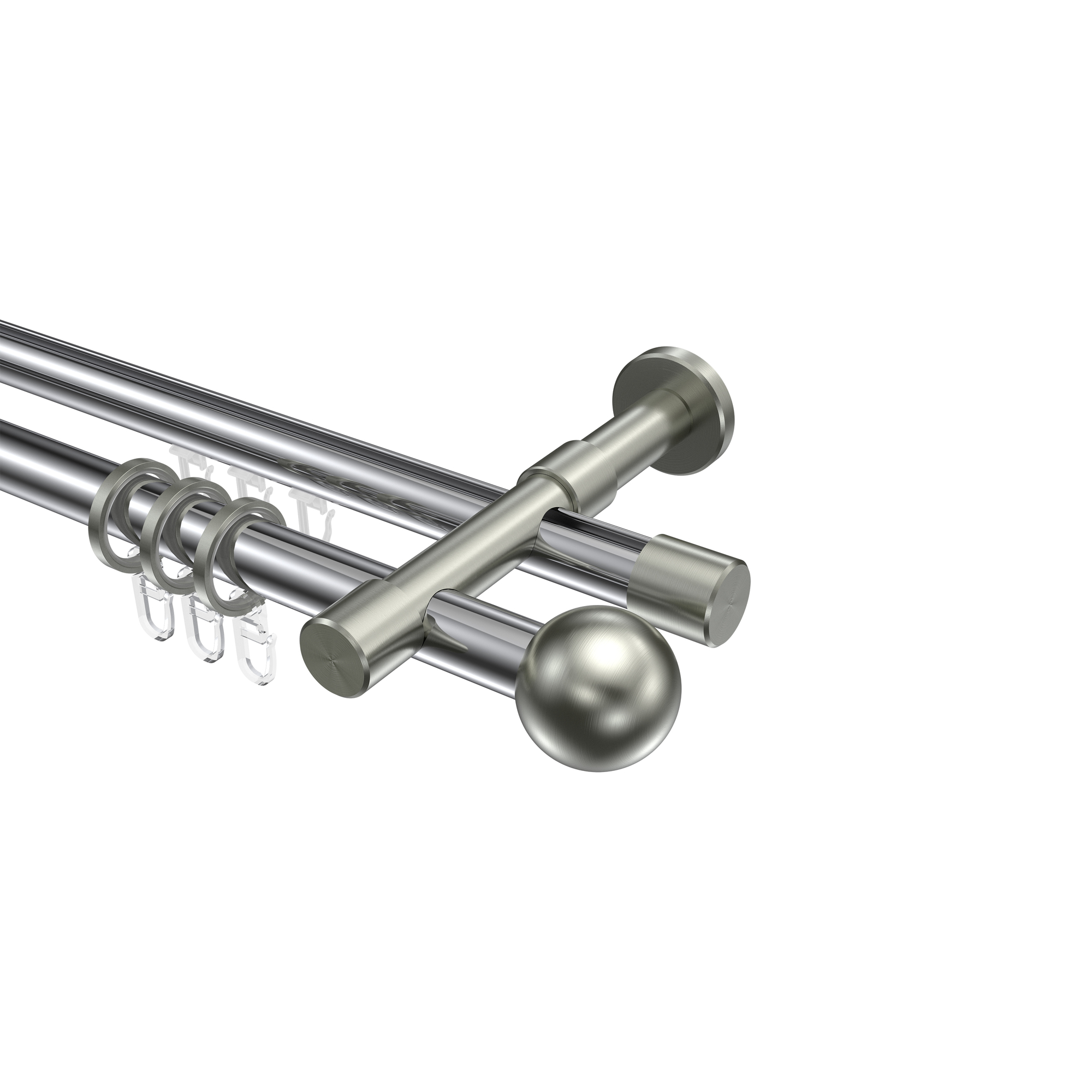 Gardinenstange mit Rundrohr-Innenlauf-Kombination Chrom / Edelstahl-Optik, zweiläufig Aluminium / Metall 20 mm Ø Prestige Luino Gardinenstange mit Rundrohr-Innenlauf-Kombination Chrom / Edelstahl-Optik, zweiläufig Aluminium / Metall 20 mm Ø Prestige Luino