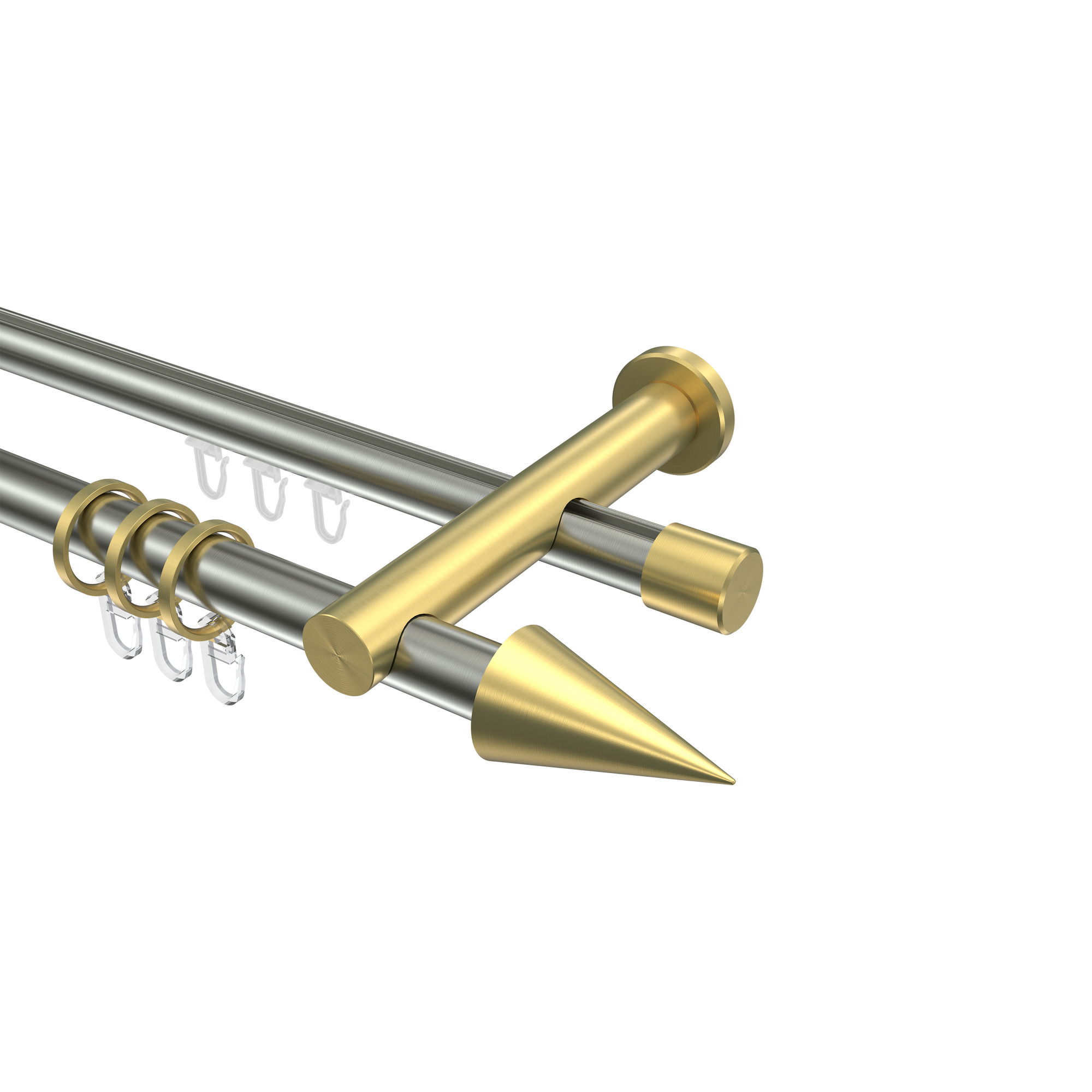 Rundrohr-Innenlauf Gardinenstangen Edelstahl-Optik / Messing-Optik 20 mm Ø Platon Savio, zweiläufig Rundrohr-Innenlauf Gardinenstangen Edelstahl-Optik / Messing-Optik 20 mm Ø Platon Savio, zweiläufig