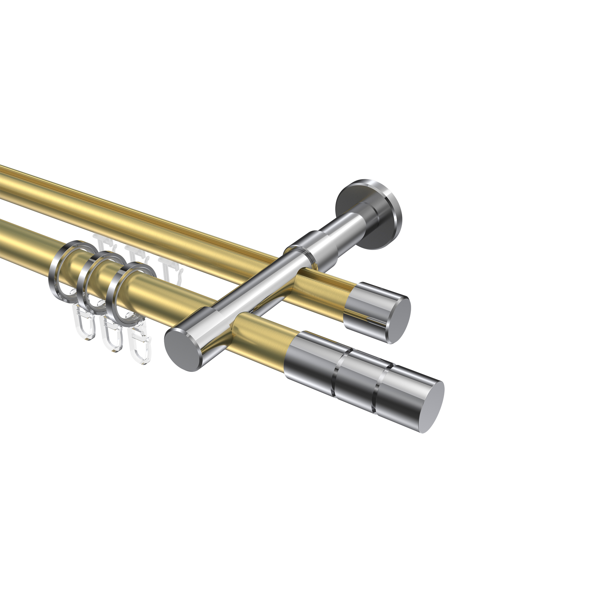 Gardinenstange mit Rundrohr-Innenlauf-Kombination Messing-Optik / Chrom, 2-läufig Aluminium / Metall 20 mm Ø Prestige Elanto Gardinenstange mit Rundrohr-Innenlauf-Kombination Messing-Optik / Chrom, 2-läufig Aluminium / Metall 20 mm Ø Prestige Elanto