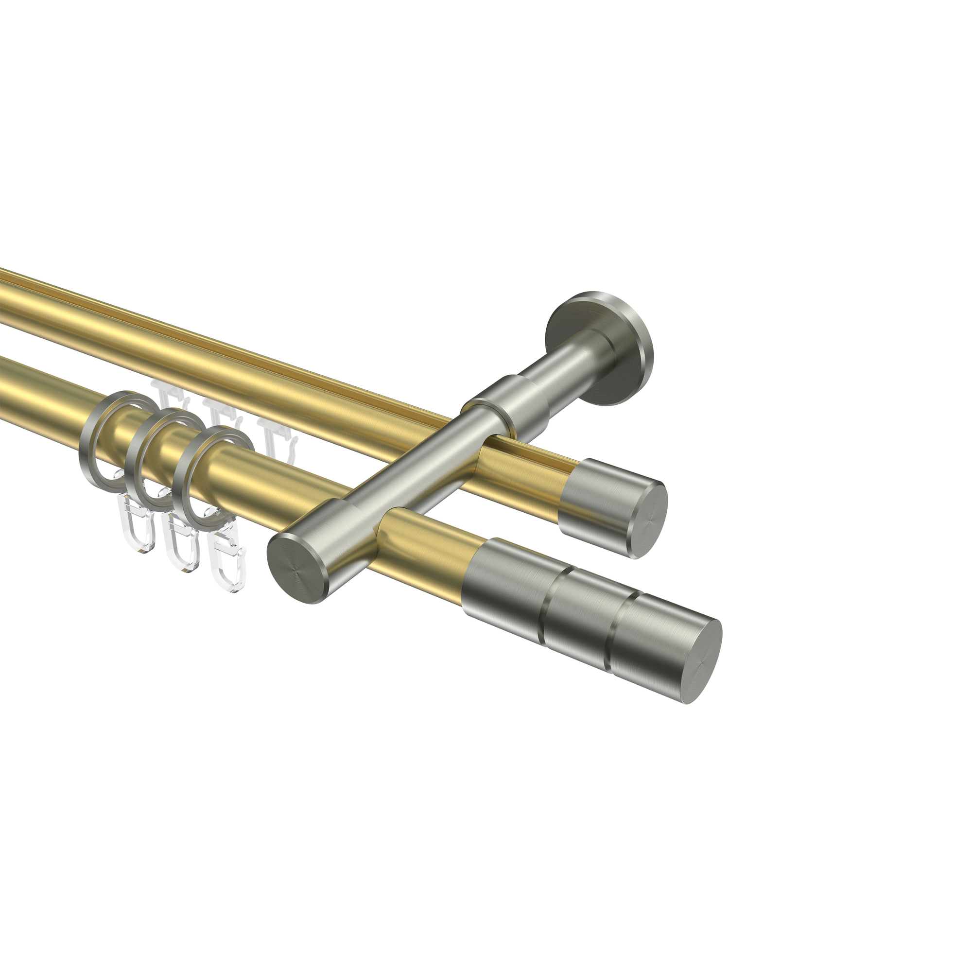 Gardinenstange mit Rundrohr / Innenlauf Messing-Optik / Edelstahl-Optik 20 mm Ø Prestige Elanto, zweiläufig Gardinenstange mit Rundrohr / Innenlauf Messing-Optik / Edelstahl-Optik 20 mm Ø Prestige Elanto, zweiläufig