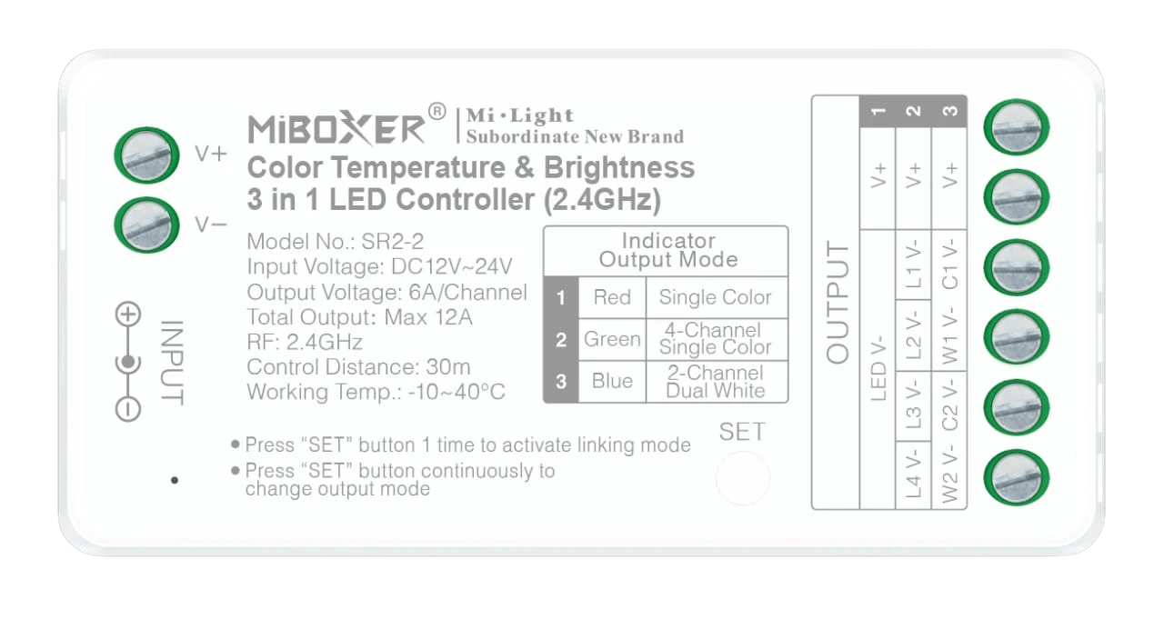MiBoxer SR2-2 3-in-1 LED Controller 2.4 GHz, 4 Zonen, einfarbig und CCT, 12-24V DC, max. 12A – Bild 3