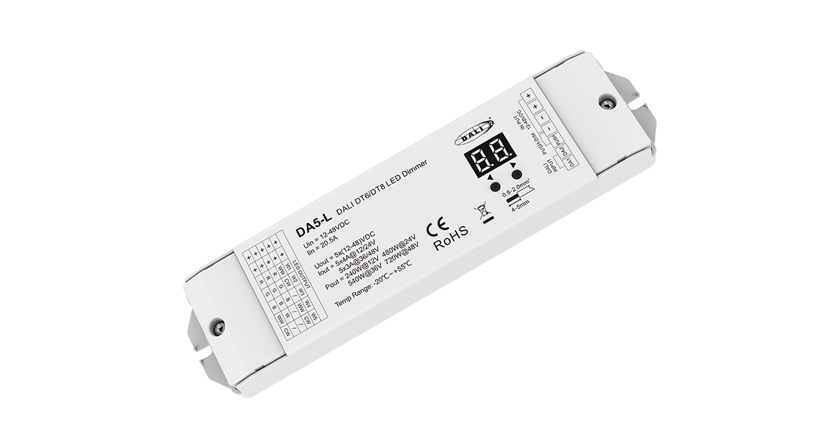 DA5-L 5-Kanal DALI LED-Dimmer – 12–48 V DC, DT6 & DT8, Konstantspannung für Farbsteuerung – Bild 4