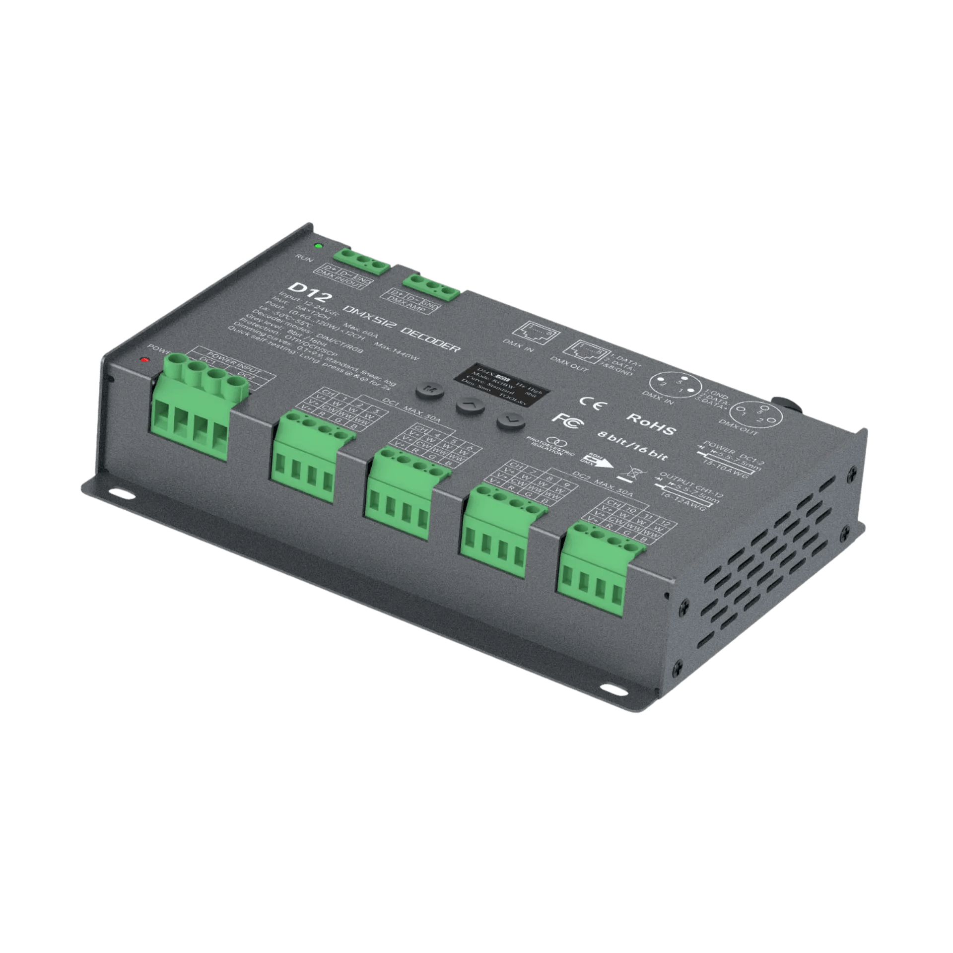 LTECH D12 DMX512/RDM LED Controller 12-Kanal 5A, 12-24V DC, mit OLED Display, Konstantspannung – Bild 4