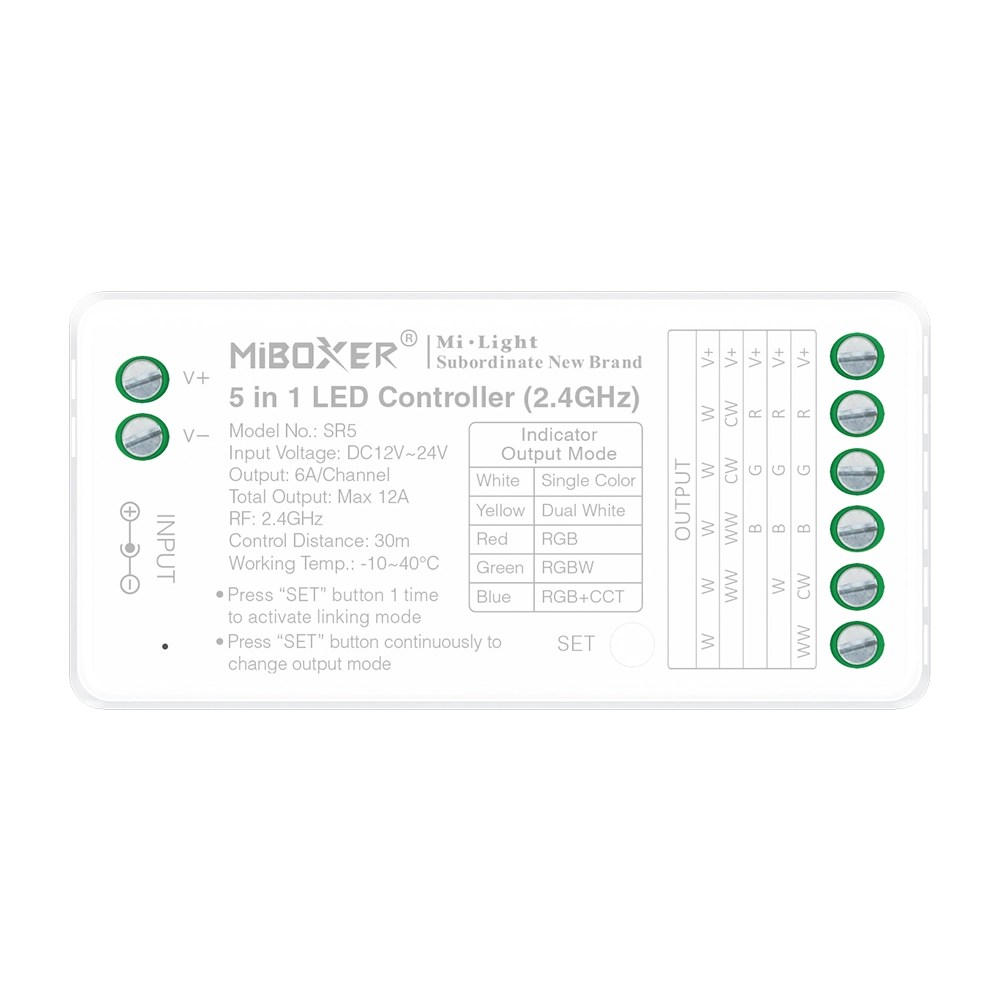 MiBoxer SR5 5-in-1 LED-Controller (2.4 GHz) – Einfarbig, CCT, RGB, RGBW, RGB+CCT, 12–24 V, 12 A – Bild 3