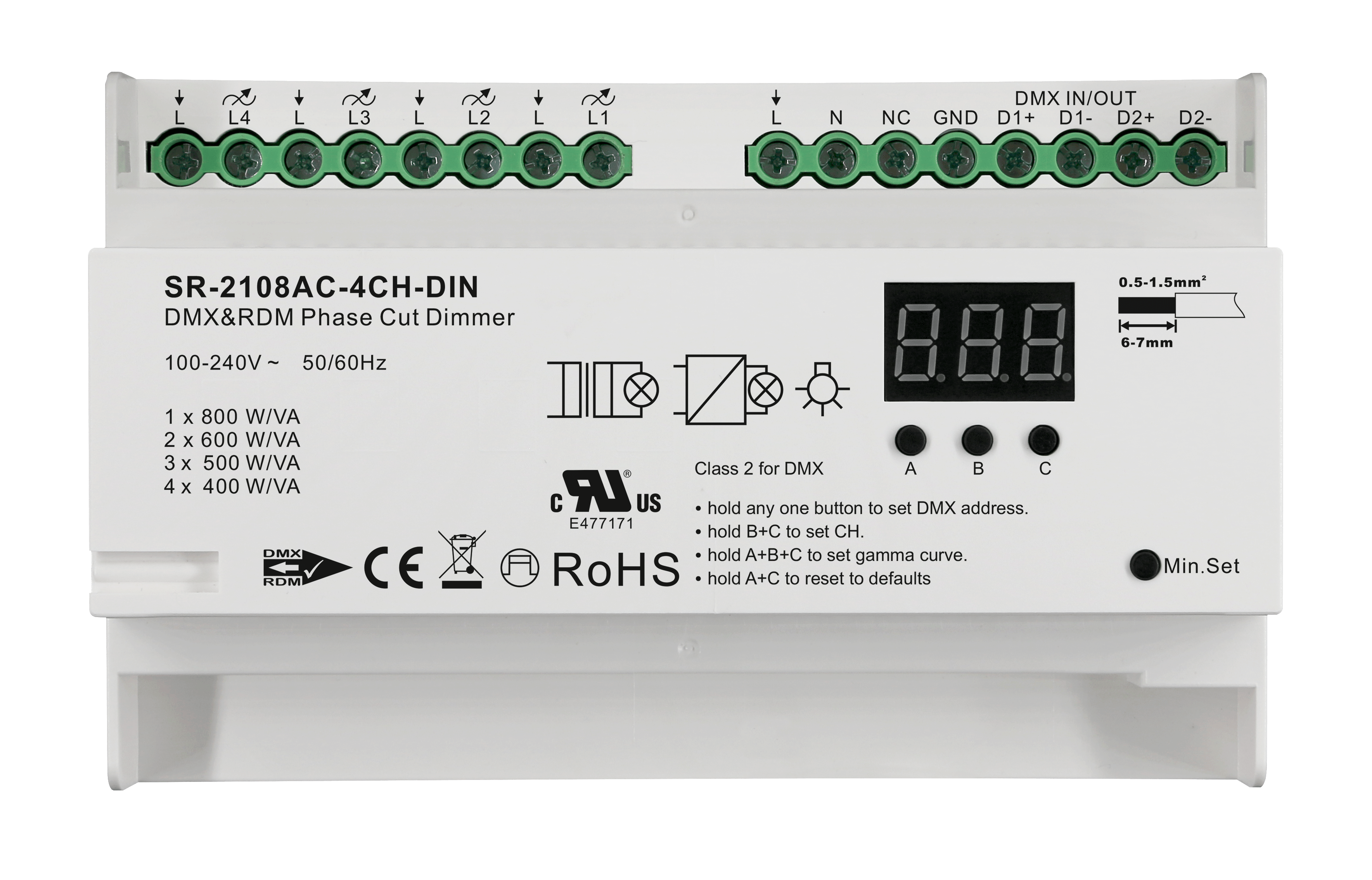 SR-2108AC-4CH-DIN DMX512 AC Triac Dimmer – 4-Kanal Phasenabschnitt-Dimmer für 100–240 V, Hutschiene – Bild 3