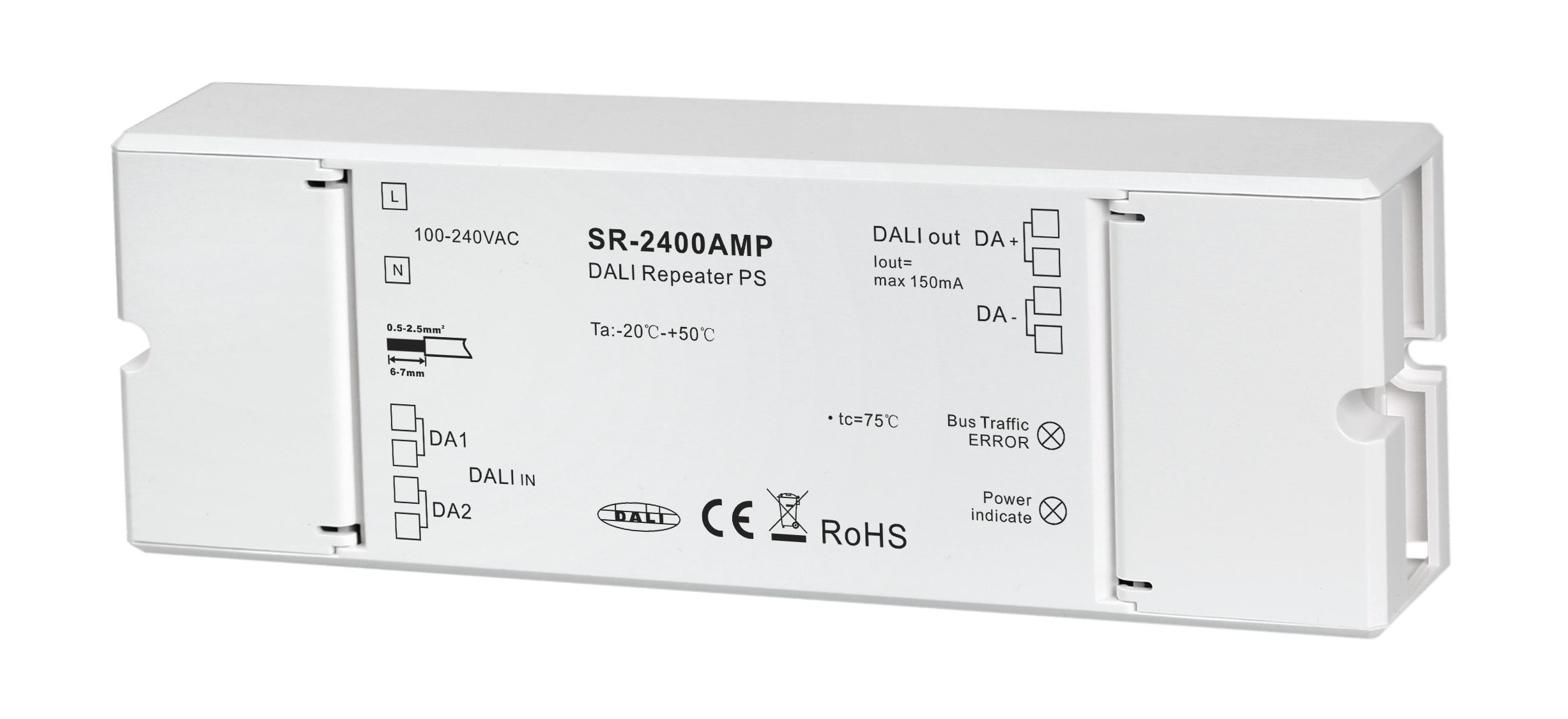 SR-2400AMP DALI-Repeater mit integrierter Bus-Stromversorgung – Signalverstärker 16 V DC SR-2400AMP DALI-Repeater mit integrierter Bus-Stromversorgung – Signalverstärker 16 V DC