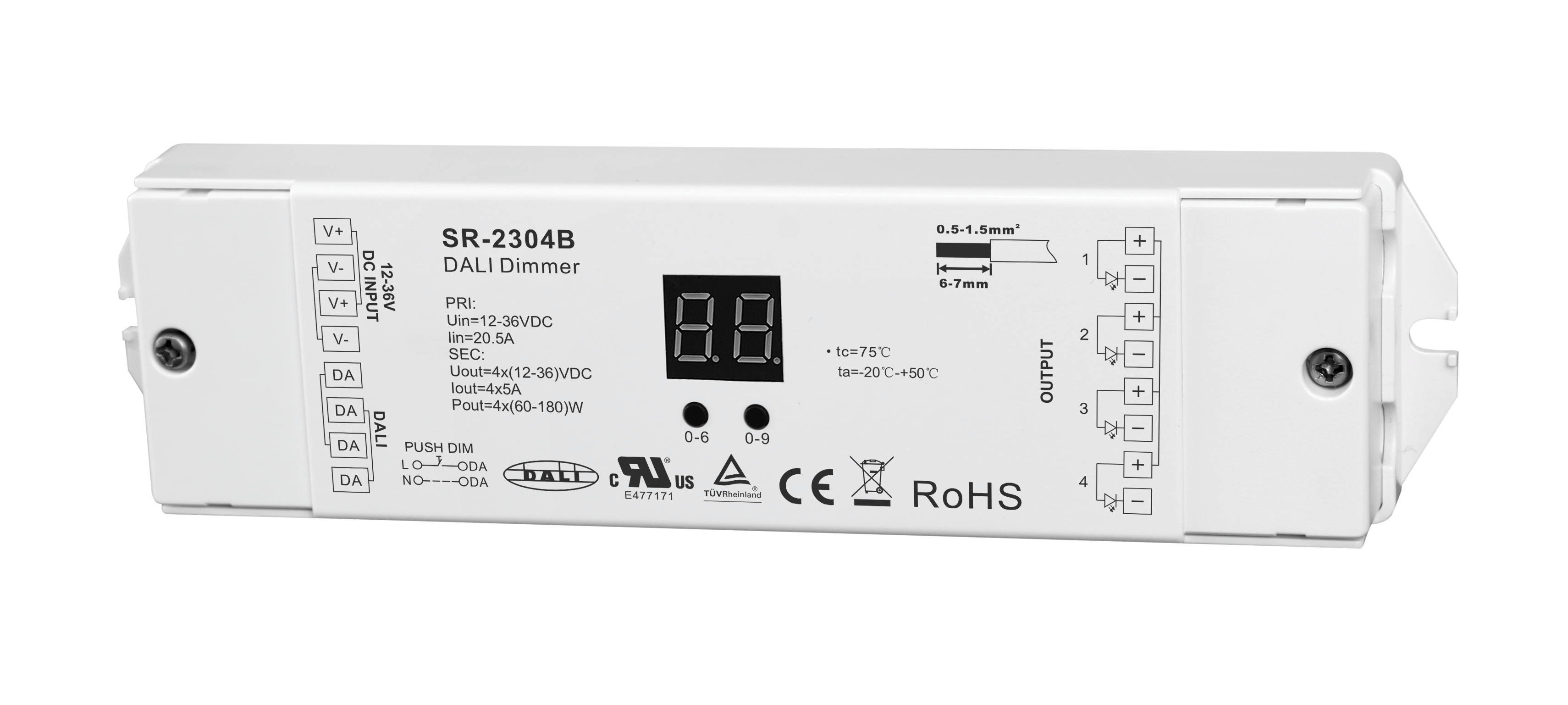 SR-2304B DALI-2 LED Controller 4-Kanal 12–36V DC 4×5A (DT6) mit Push-DIM – 20A – Bild 3