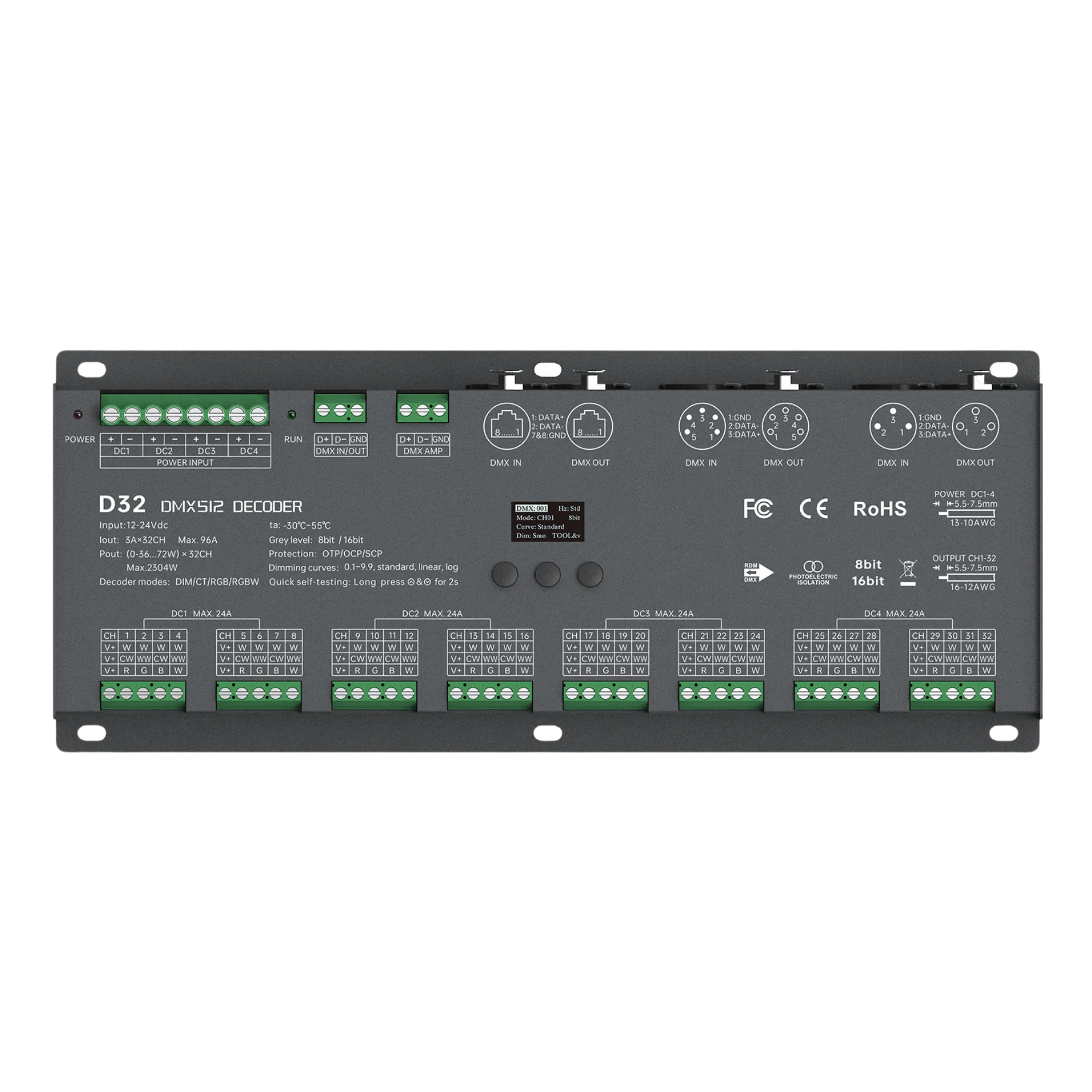 LTECH D32 DMX512/RDM LED Controller 32-Kanal 3A, 12-24V DC, mit OLED Display, Konstantspannung – Bild 3