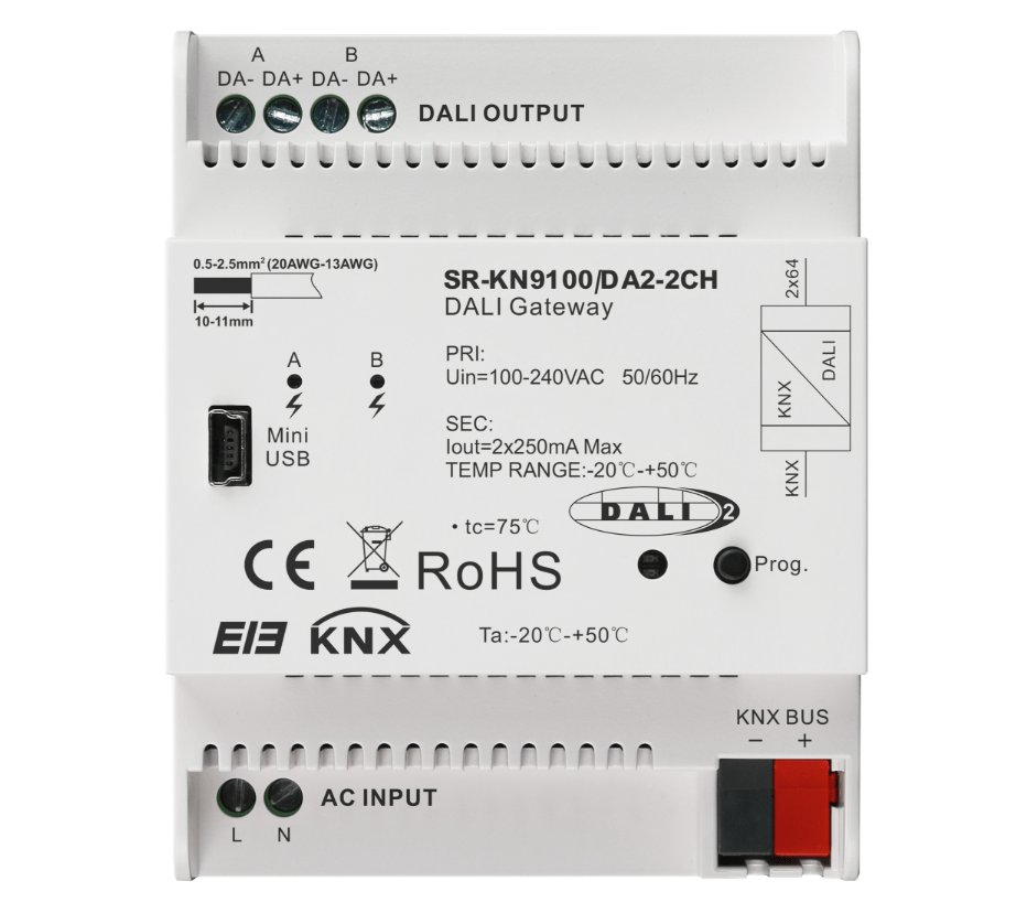 SR-KN9100-DA2 KNX DALI Gateway – 2-Kanal DALI Schnittstelle für KNX-Systeme SR-KN9100-DA2 KNX DALI Gateway – 2-Kanal DALI Schnittstelle für KNX-Systeme