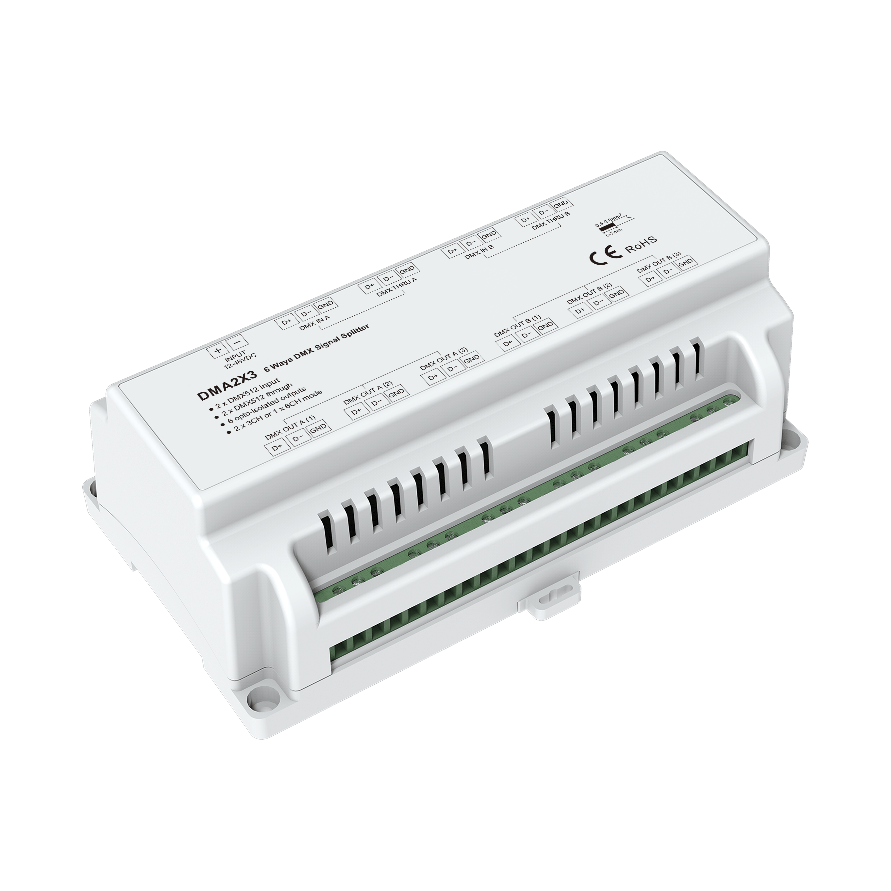 DMA2X3 DMX512 6-fach Signal Splitter, Signalverteiler und Verstärker 12–48 V, Hutschienenmontage – Bild 3