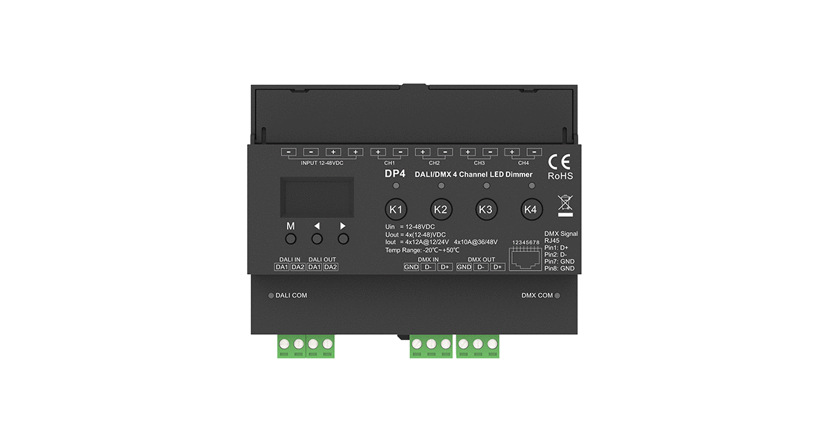 DP4 LED-Dimmer 4-Kanal – DALI & DMX Steuerung, 4x12A, 12–48 V DC, Konstantspannung für Hutschiene – Bild 3