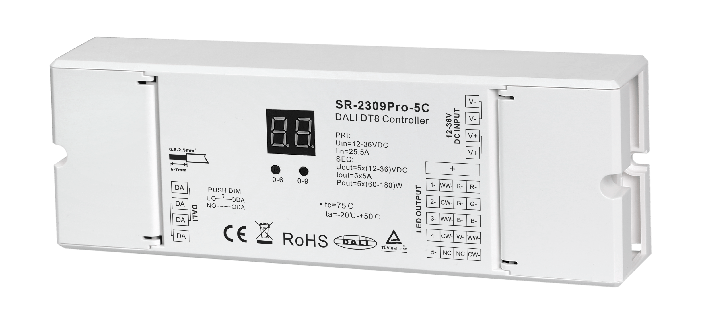 SR-2309PRO-5C LED-Dimmer 5-Kanal – (12–48 V, 5 A/Kanal) für Konstantspannung, DALI DT8 & 7-in-1 Farbsteuerung – Bild 3