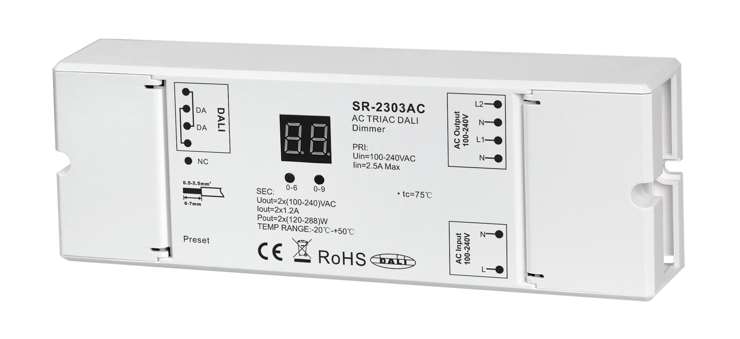 SR-2303AC DALI Phasenabschnitt-Dimmer – 2-Kanal AC-Dimmer für 100–240 V SR-2303AC DALI Phasenabschnitt-Dimmer – 2-Kanal AC-Dimmer für 100–240 V