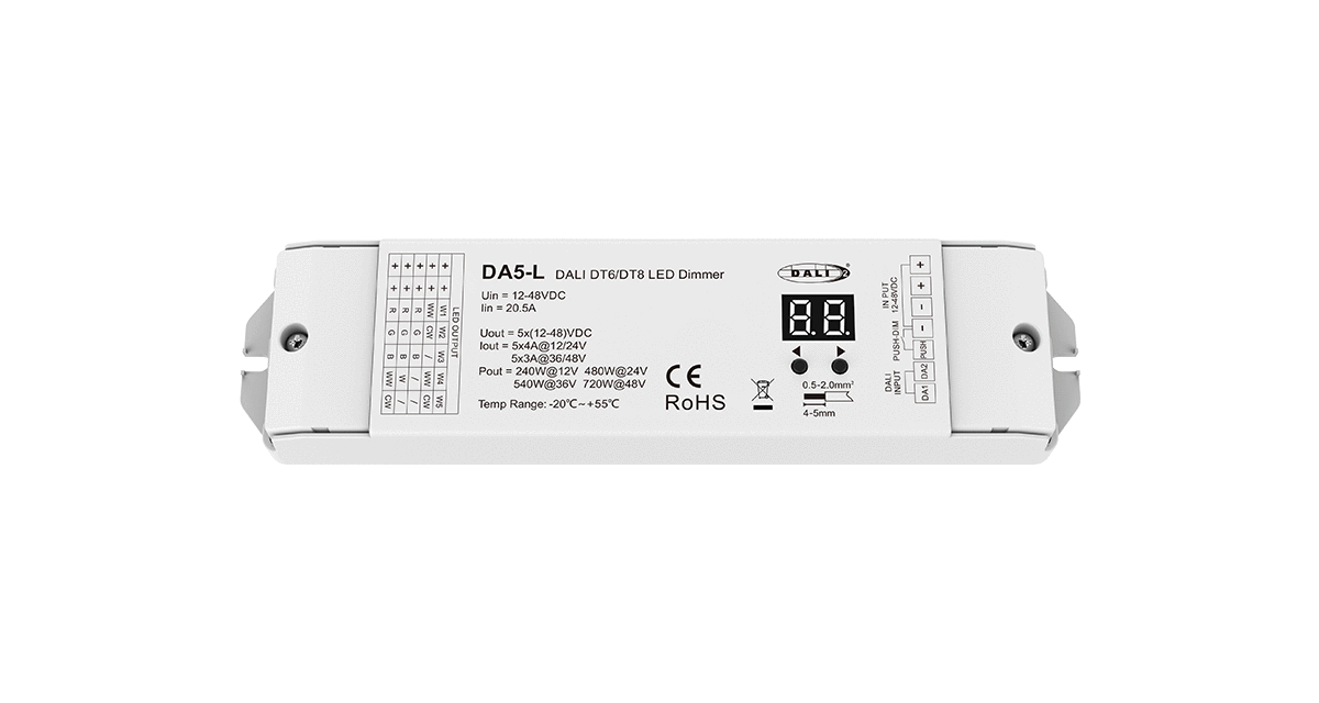 DA5-L 5-Kanal DALI LED-Dimmer – 12–48 V DC DA5-L 5-Kanal DALI LED-Dimmer – 12–48 V DC