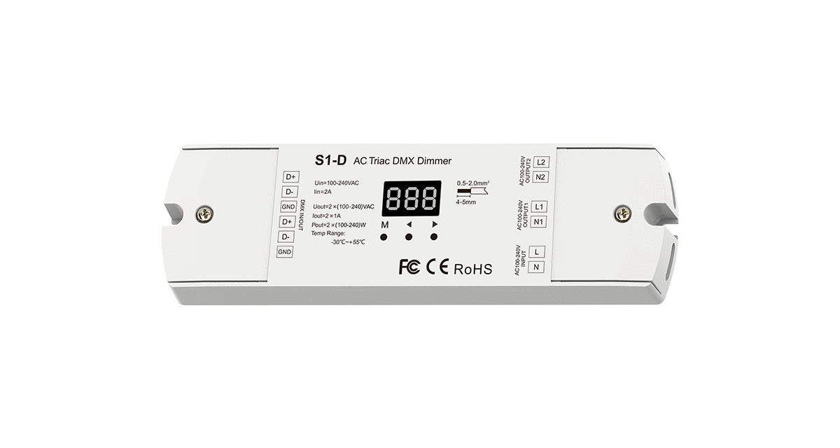 S1-D DMX512 Triac-Dimmer – 2-Kanal, 230 V, Phasenanschnitt/-abschnitt für LED & Halogen – Bild 3
