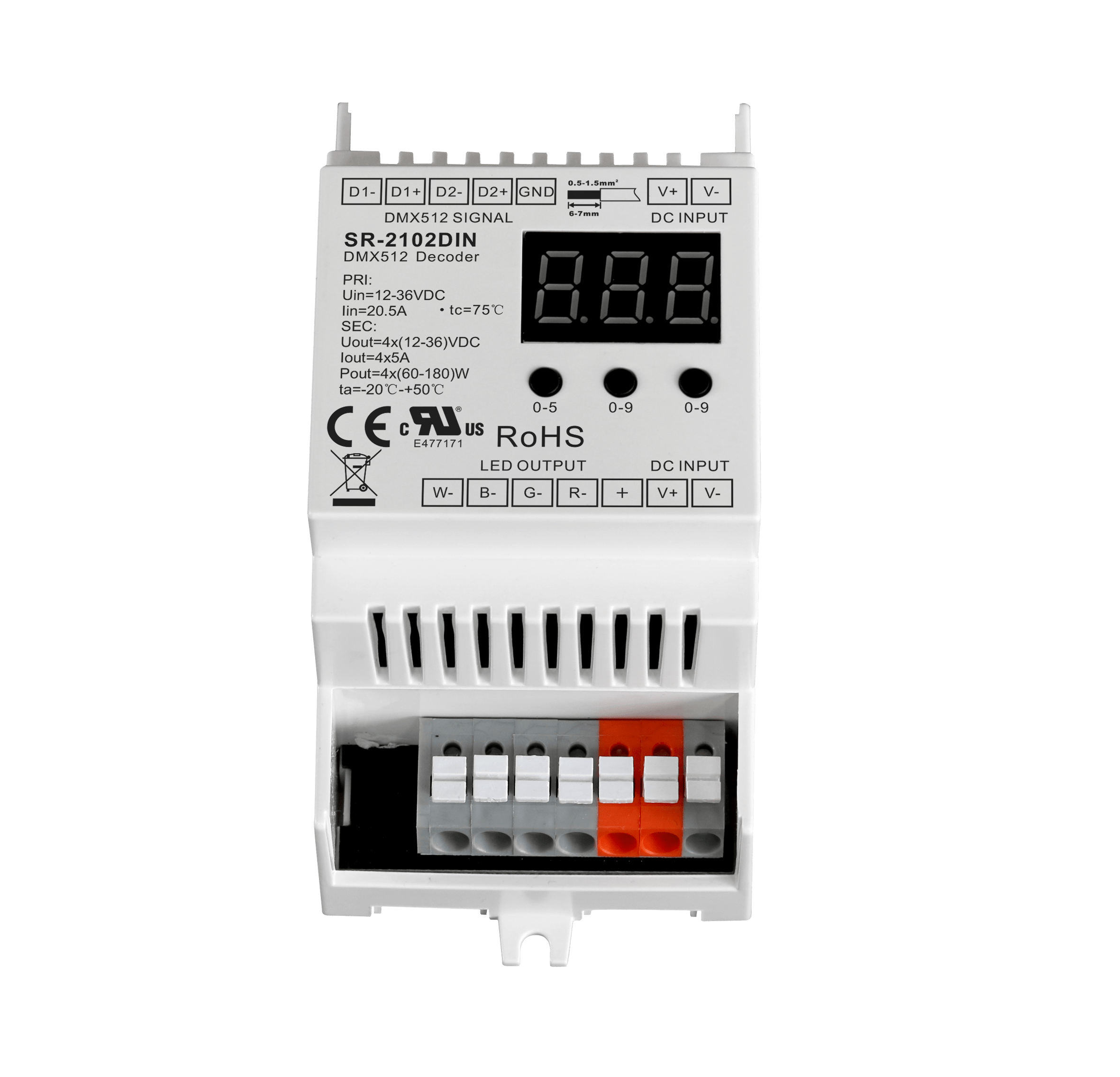 SR-2102DIN Hutschienen DMX512 Decoder – 4-Kanal RGBW 12–48 V SR-2102DIN Hutschienen DMX512 Decoder – 4-Kanal RGBW 12–48 V