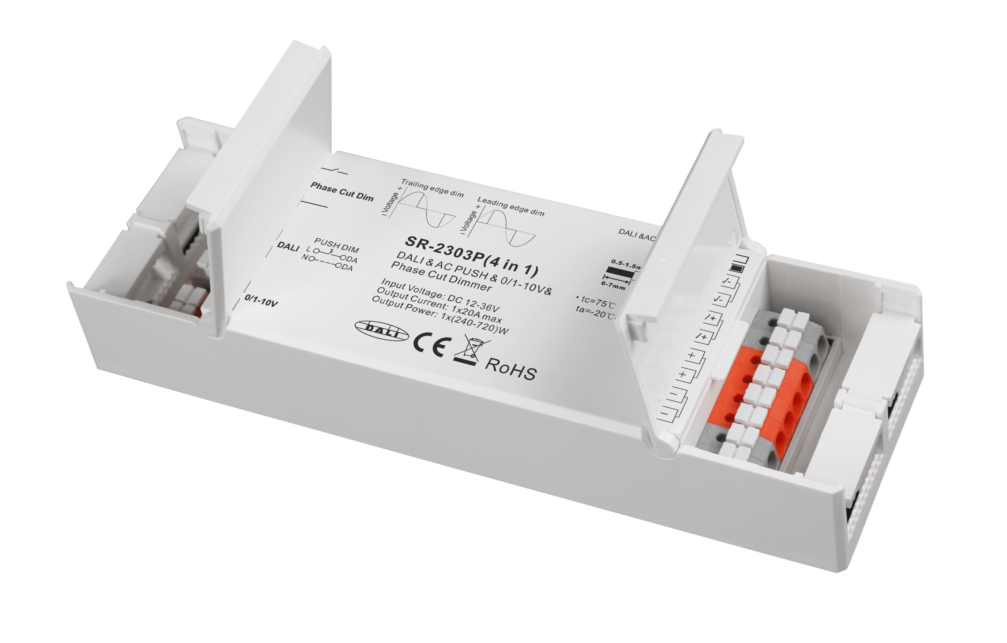 SR-2303P LED-Dimmer 1-Kanal – 20A, 12–48 V DC, Konstantspannung 4-in-1 - DALI / 0–10 V / Taster / Phasenanschnitt/-abschnitt – Bild 4