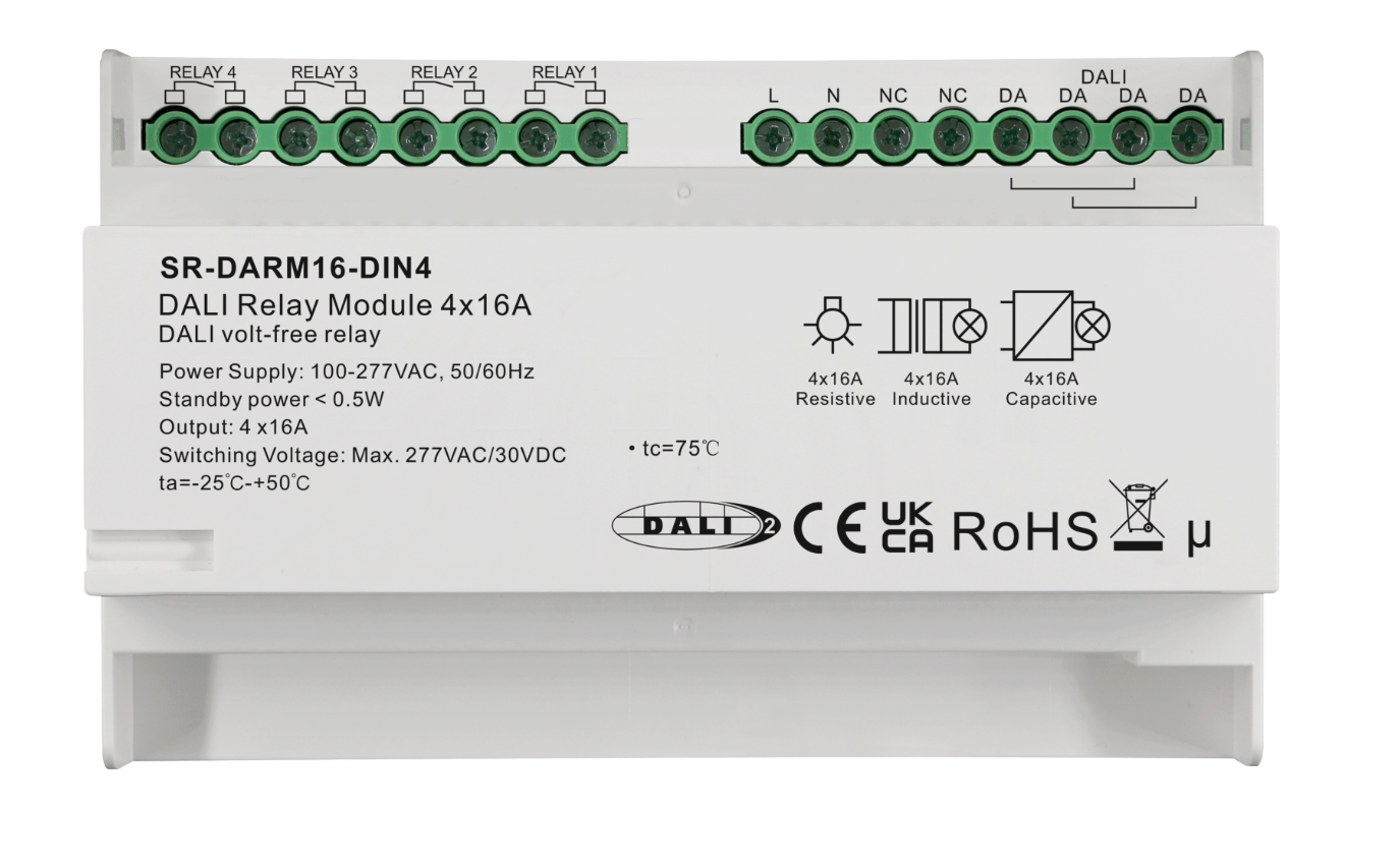SR-DARM16-DIN4 DALI-2 Relaismodul – 4-Kanal Schaltaktor für 230V AC SR-DARM16-DIN4 DALI-2 Relaismodul – 4-Kanal Schaltaktor für 230V AC