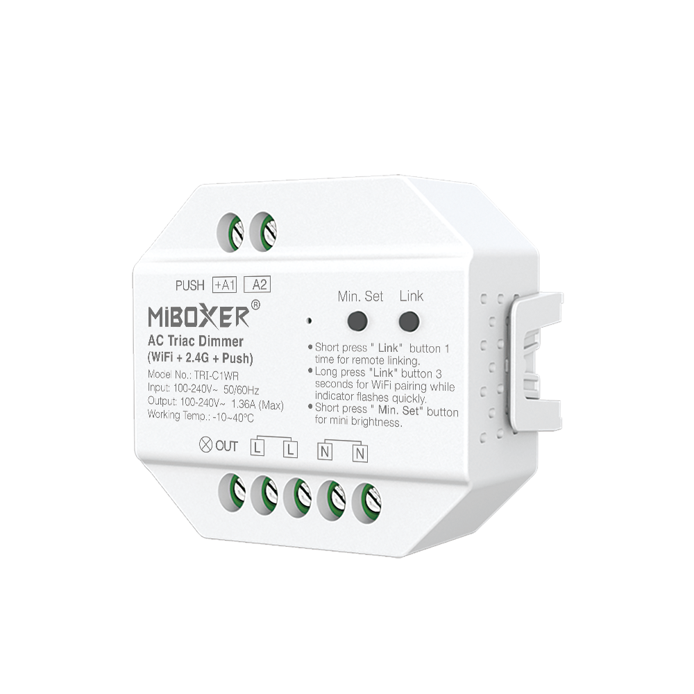 MiBoxer TRI-C1WR WIFI LED-Dimmer für 230 V Leuchten – Triac-Dimmer mit 2 MiBoxer TRI-C1WR WIFI LED-Dimmer für 230 V Leuchten – Triac-Dimmer mit 2