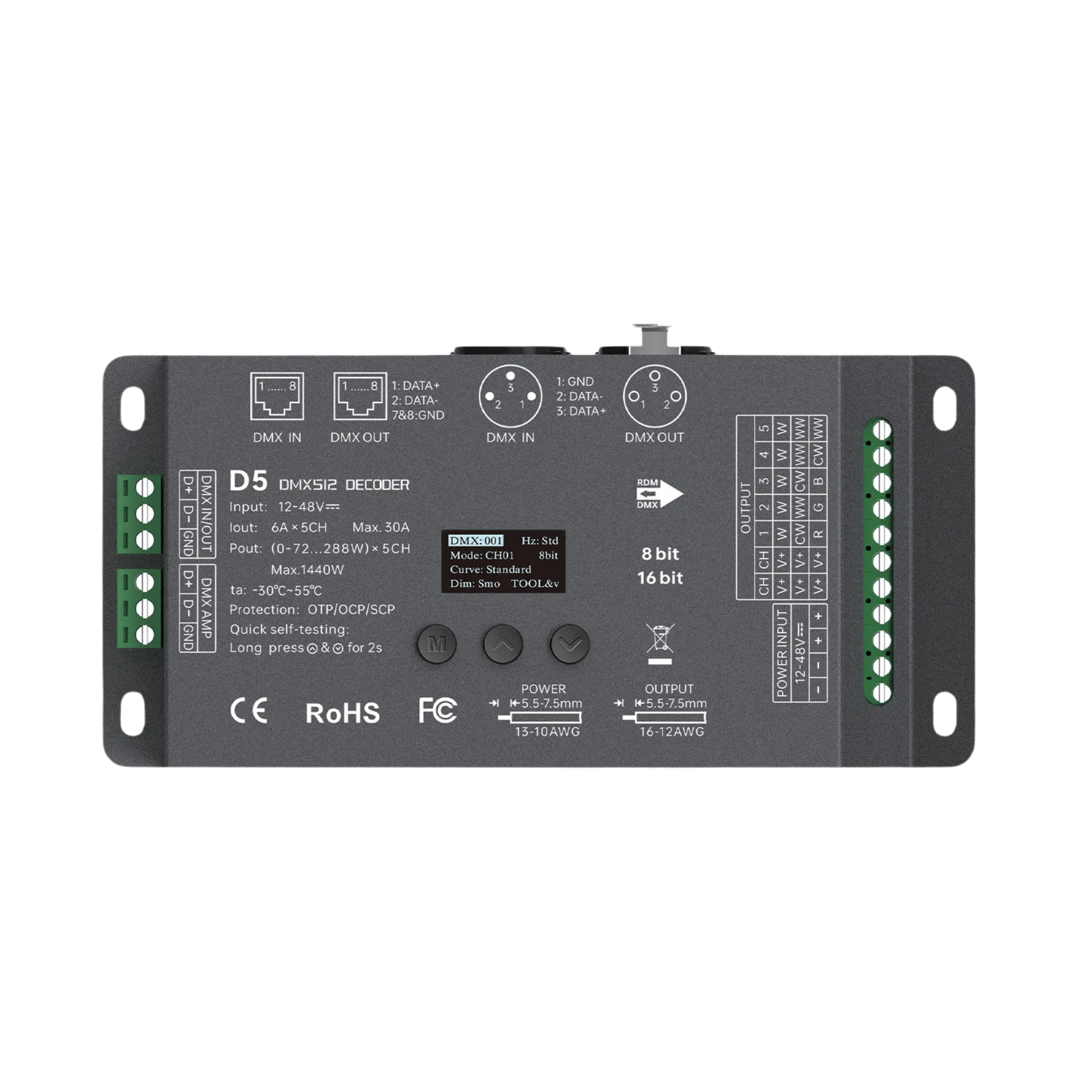 LTECH D5 DMX512/RDM LED Controller 5-Kanal 6A/Kanal, 12-48V DC, mit OLED Display, Konstantspannung – Bild 3