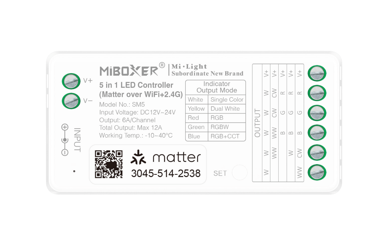 MiBoxer SM5 5-in-1 LED-Controller – Matter & 2.4 GHz, Einfarbig, CCT, RGB, RGBW, RGB+CCT, 12–24 V, 12 A – Bild 3