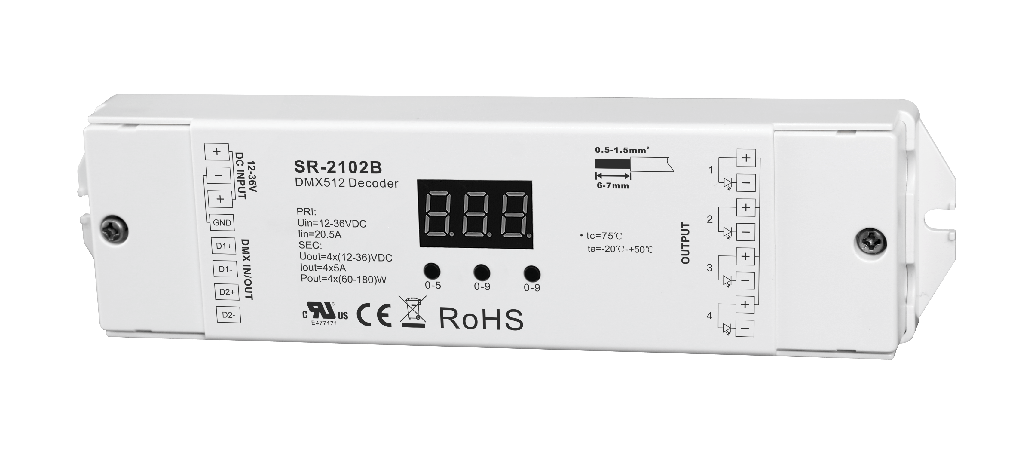 DMX512 RGBW LED Decoder 4CH – LED Controller 4-Kanal 12–48V DC 4x5A max. 20A | SR-2102B – Bild 3