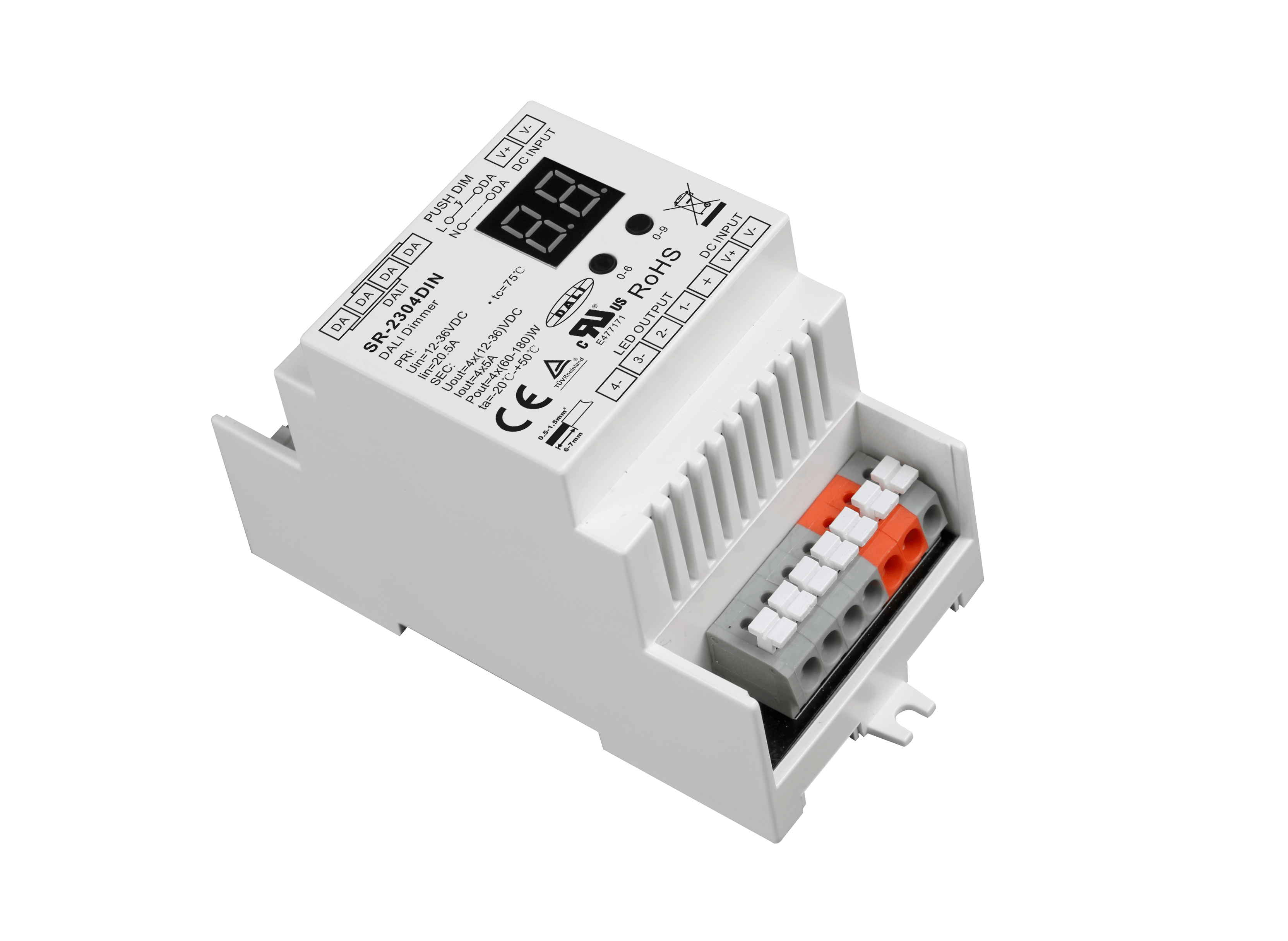SR-2304DIN LED-Dimmer 4-Kanal – (12–36 V, 5 A/Kanal) für Konstantspannung, DALI & Taster-Dimmung für Hutschienenmontage – Bild 3