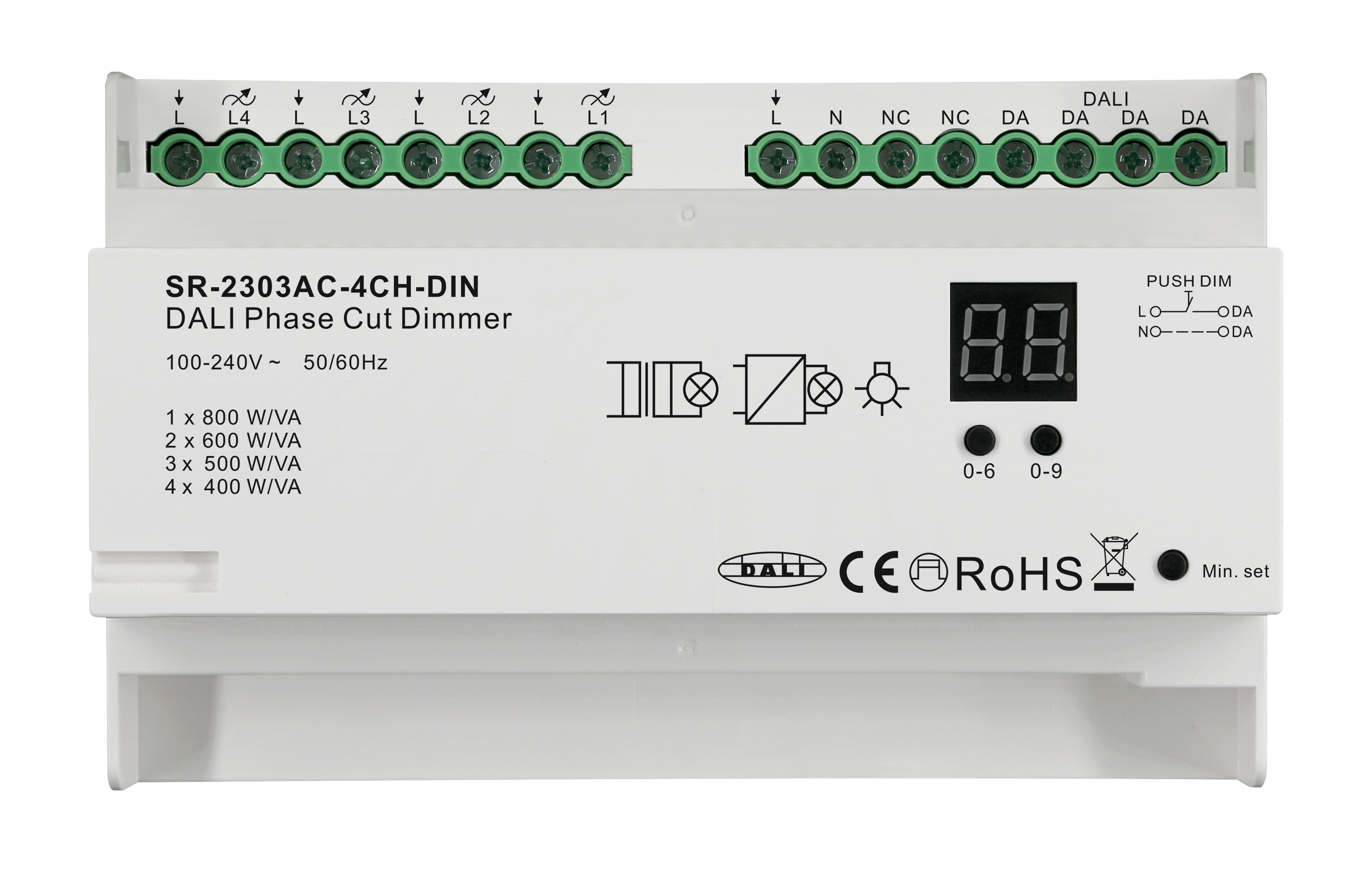 SR-2303AC-4CH-DIN DALI Phasenabschnitt-Dimmer – 4-Kanal SR-2303AC-4CH-DIN DALI Phasenabschnitt-Dimmer – 4-Kanal
