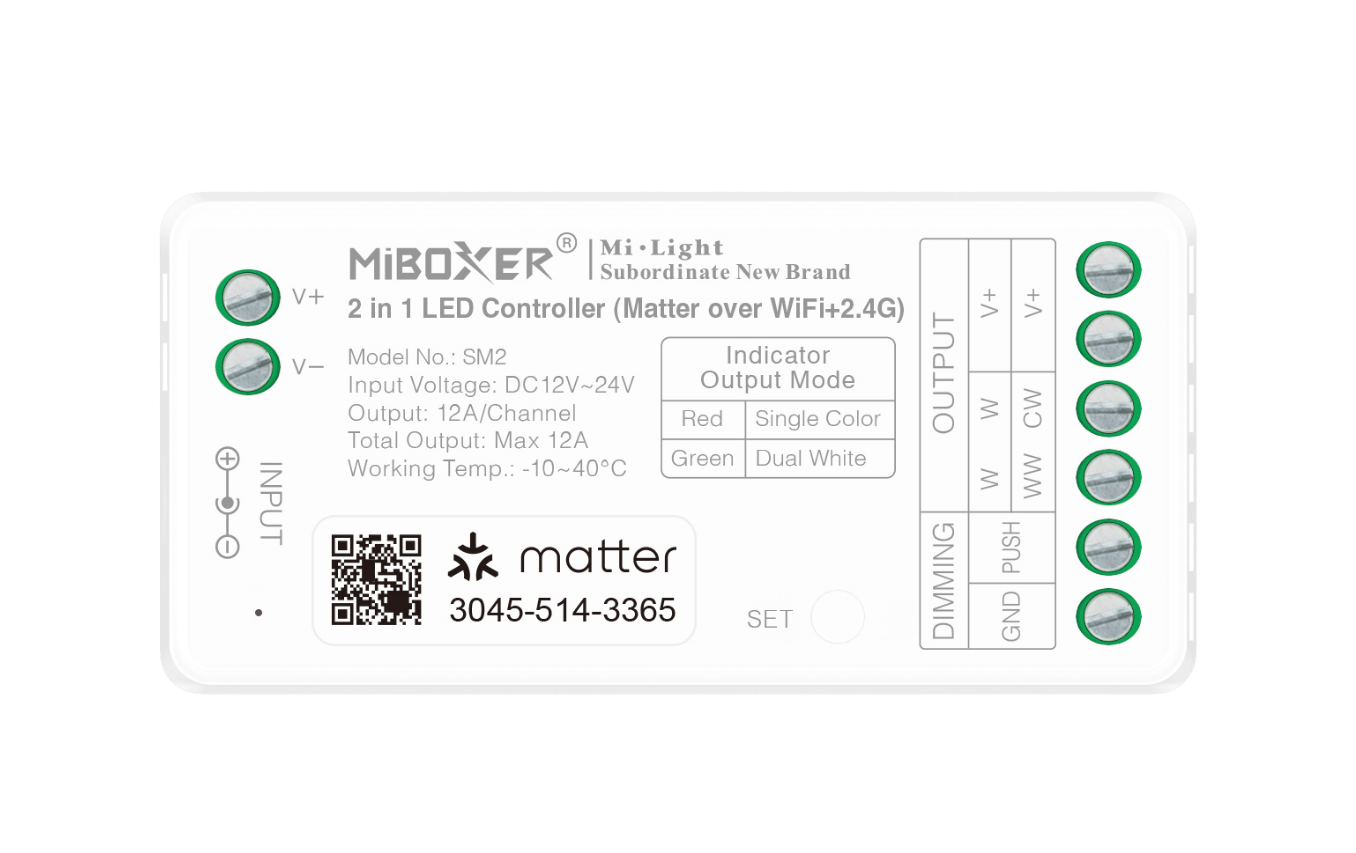 MiBoxer SM2 2-in-1 LED-Controller – Matter & 2.4 GHz, Einfarbig & CCT, 12–24 V, 12 A, Push Dimming – Bild 3