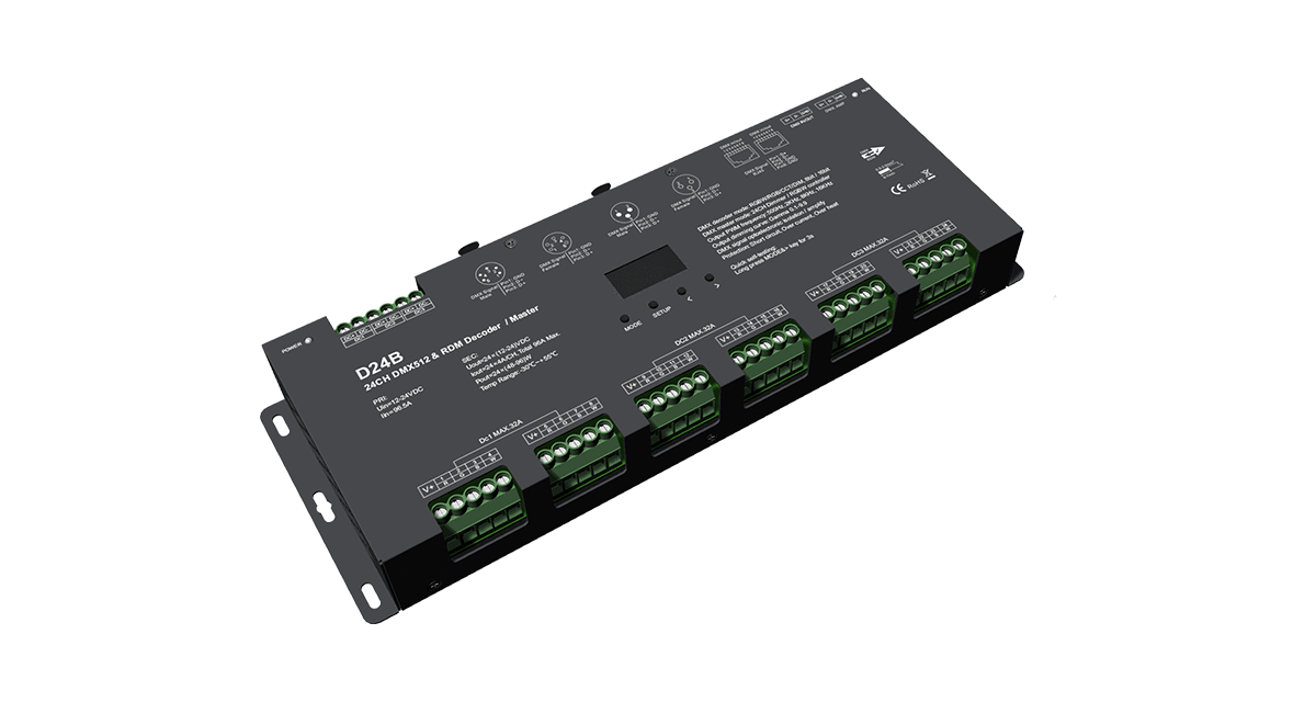 D24B DMX512 & RDM LED Decoder – 24-Kanal, 12–24V DC, 4A/Kanal, OLED-Display – Bild 3