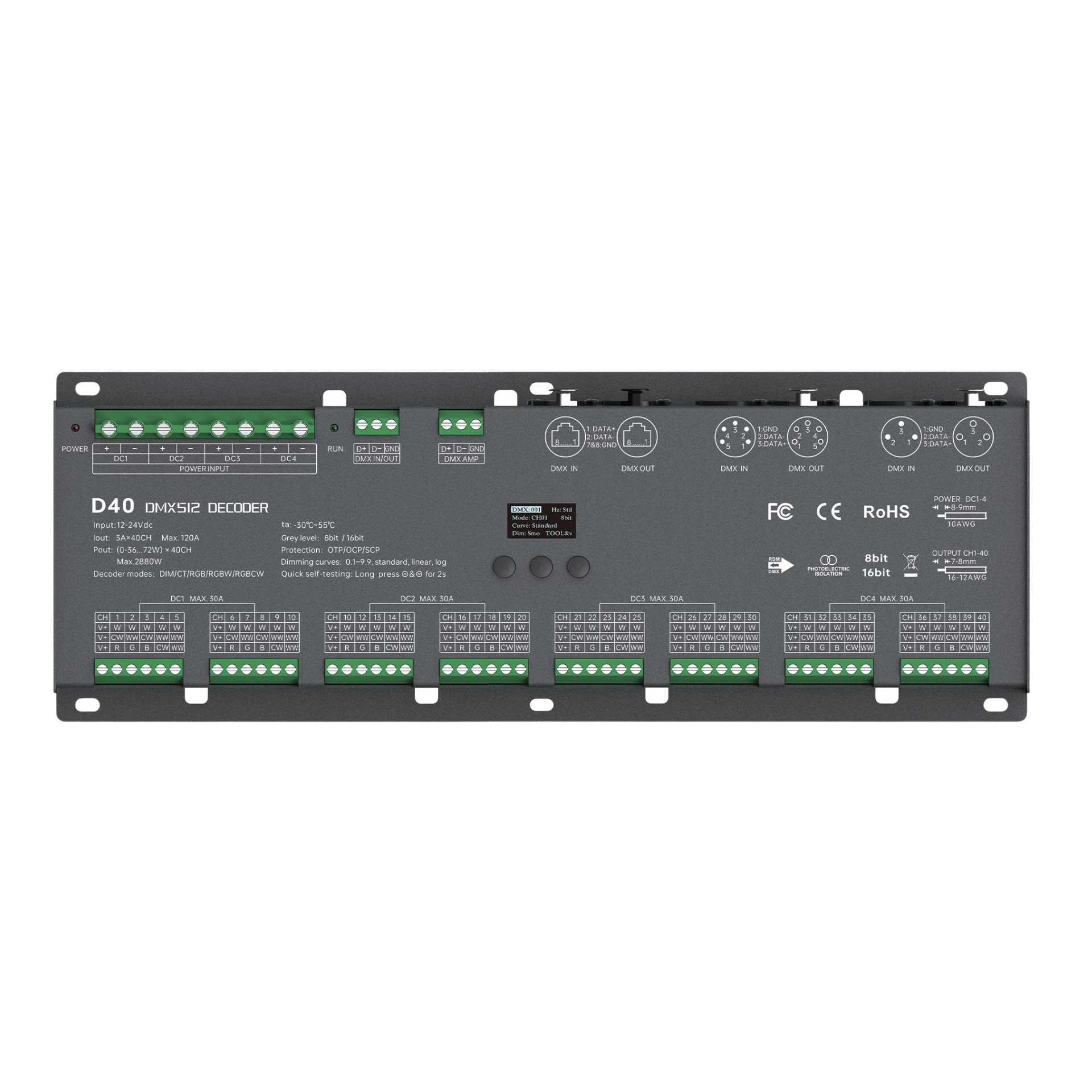 LTECH D40 DMX512/RDM LED Controller 40-Kanal 3A, 12-24V DC, mit OLED Display, Konstantspannung – Bild 3