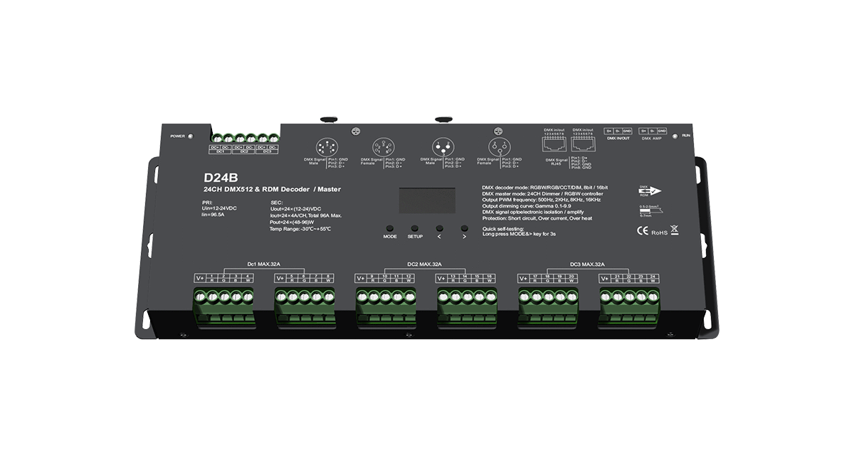 D24B DMX512 & RDM LED Decoder – 24-Kanal, 12–24V DC, 4A/Kanal, OLED-Display – Bild 4