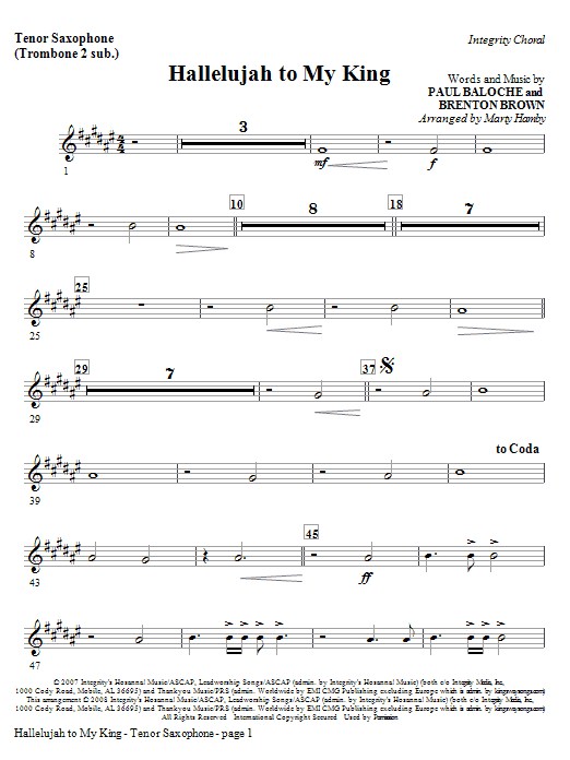 Hallelujah To My King – Tenor Sax (Trombone 2 sub) Hallelujah To My King – Tenor Sax (Trombone 2 sub)