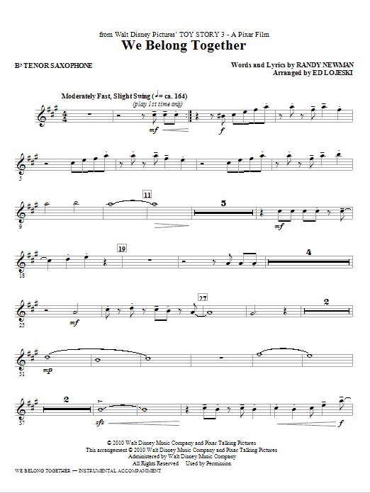 We Belong Together (from Toy Story 3) – Bb Tenor Saxophone We Belong Together (from Toy Story 3) – Bb Tenor Saxophone