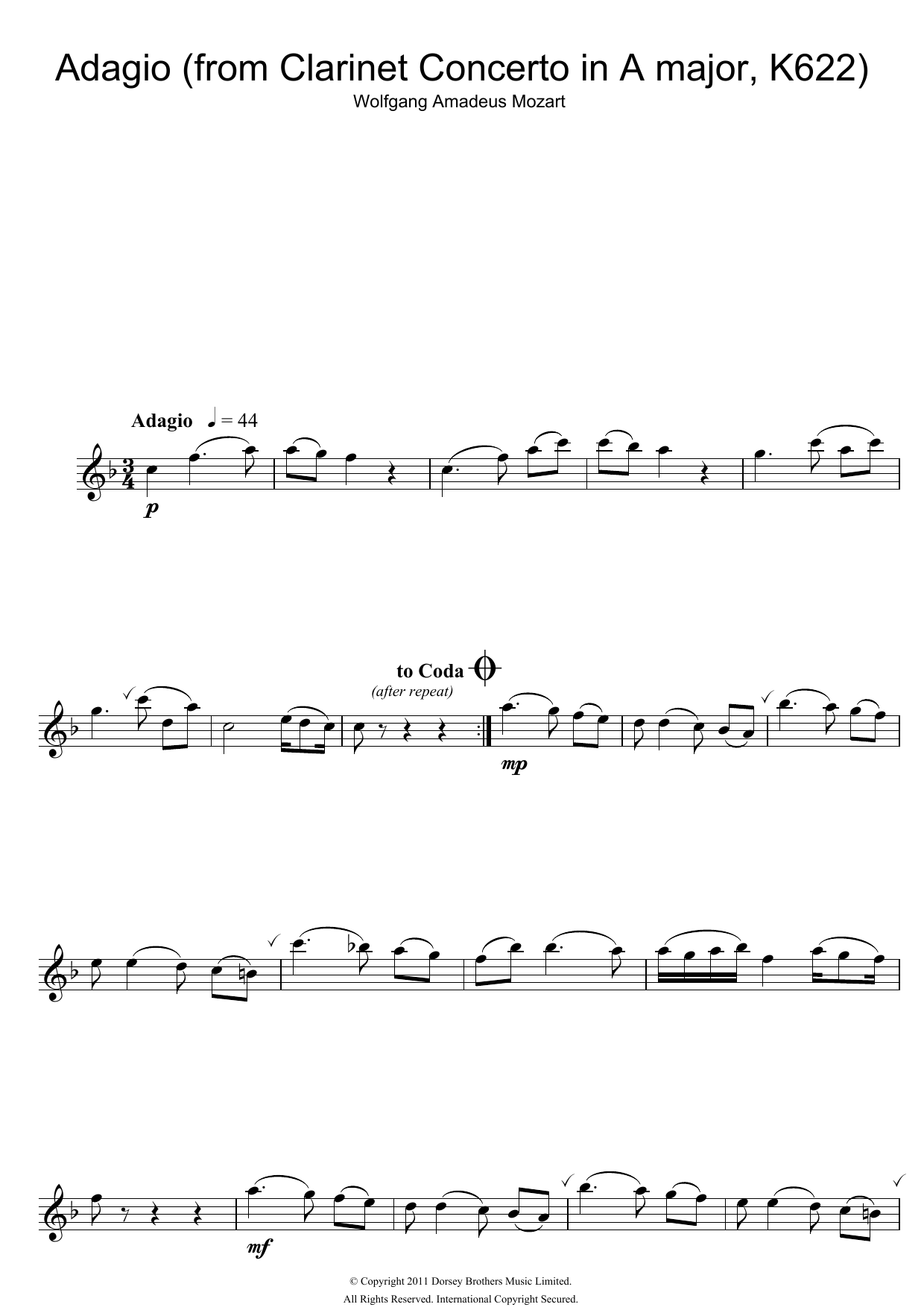 Slow Movement Theme (from Clarinet Concerto K622) Slow Movement Theme (from Clarinet Concerto K622)