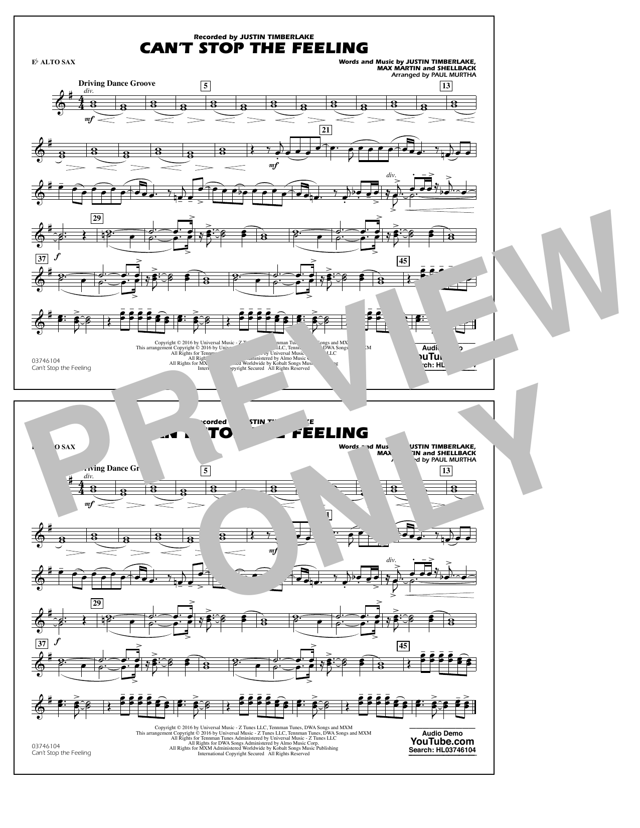 Can’t Stop the Feeling (from Trolls) – Eb Alto Sax Can’t Stop the Feeling (from Trolls) – Eb Alto Sax