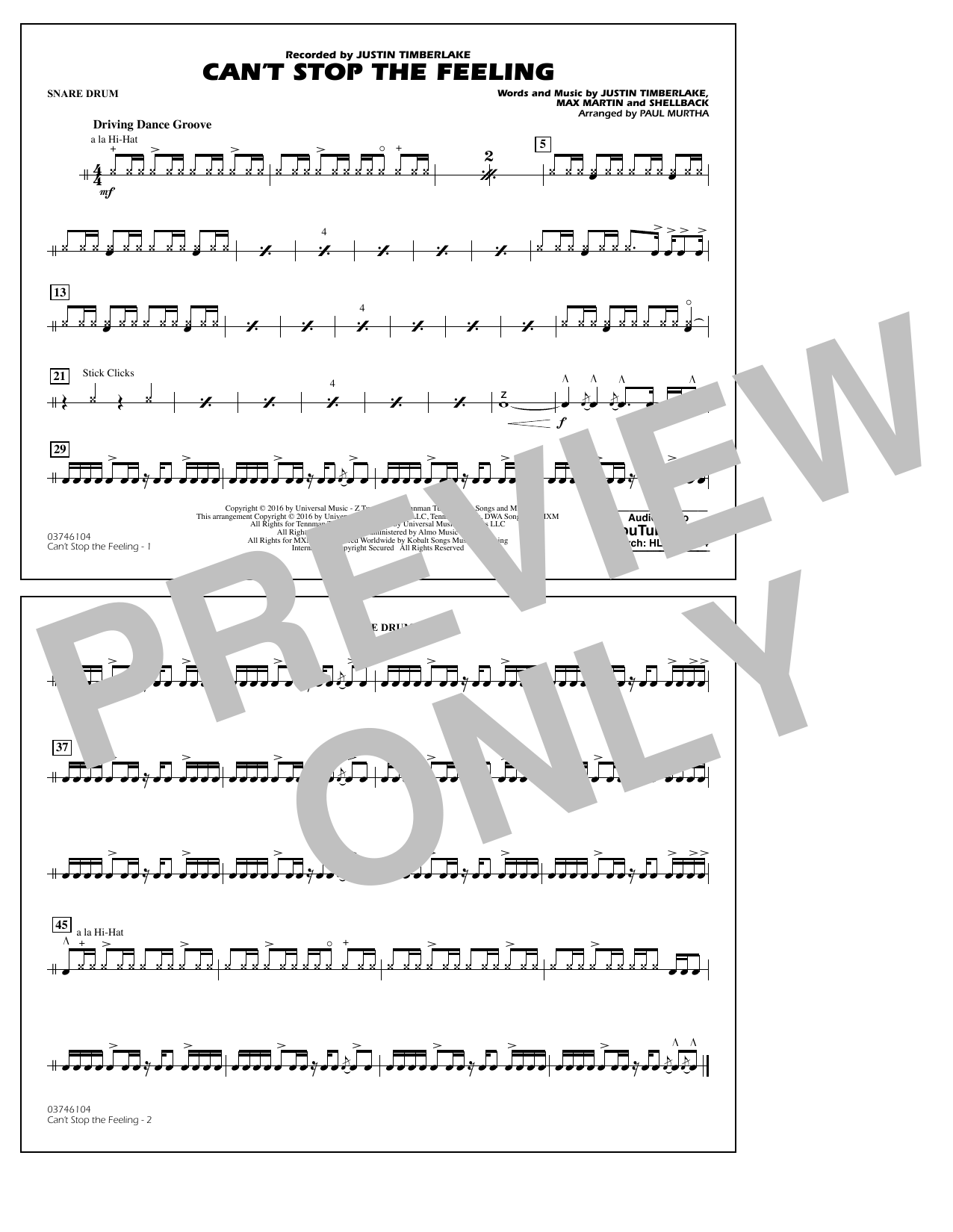 Can’t Stop the Feeling (from Trolls) – Snare Drum Can’t Stop the Feeling (from Trolls) – Snare Drum