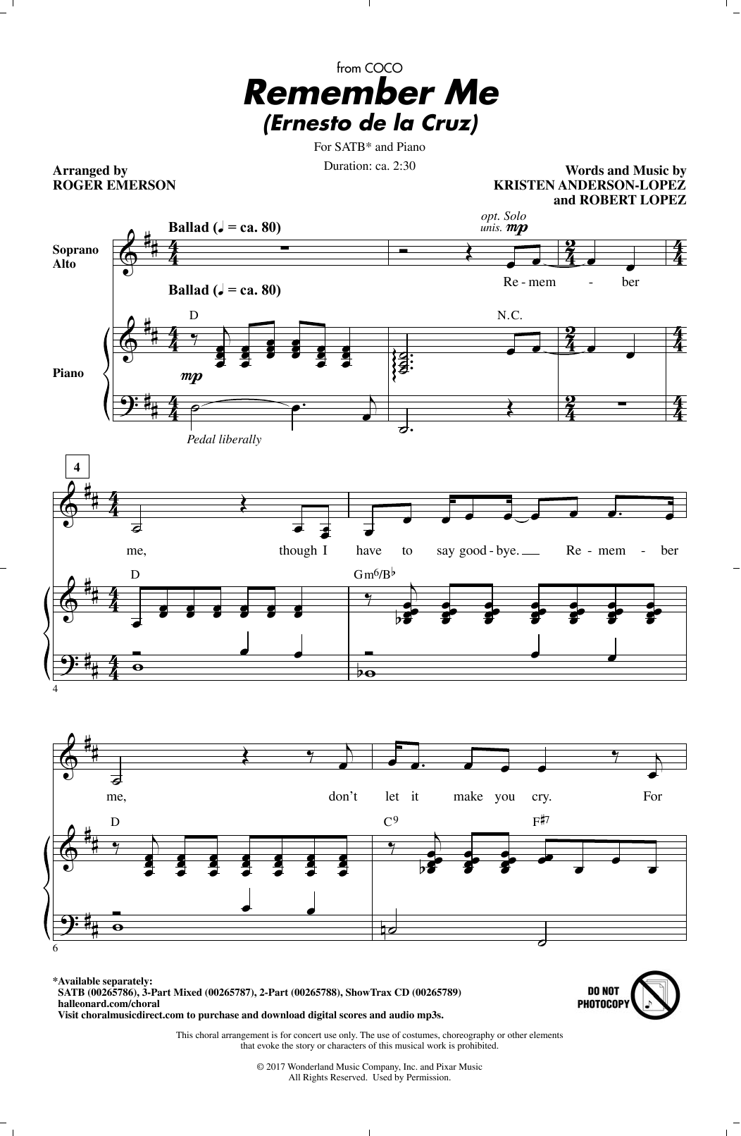 Remember Me (Ernesto de la Cruz) (from Coco) (arr. Roger Emerson) Remember Me (Ernesto de la Cruz) (from Coco) (arr. Roger Emerson)