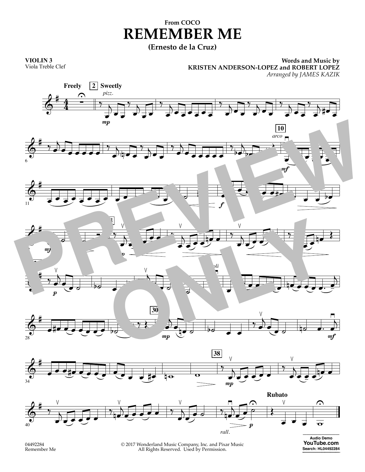 Remember Me (from Coco) (arr. James Kazik) – Violin 3 (Viola Treble Clef) Remember Me (from Coco) (arr. James Kazik) – Violin 3 (Viola Treble Clef)