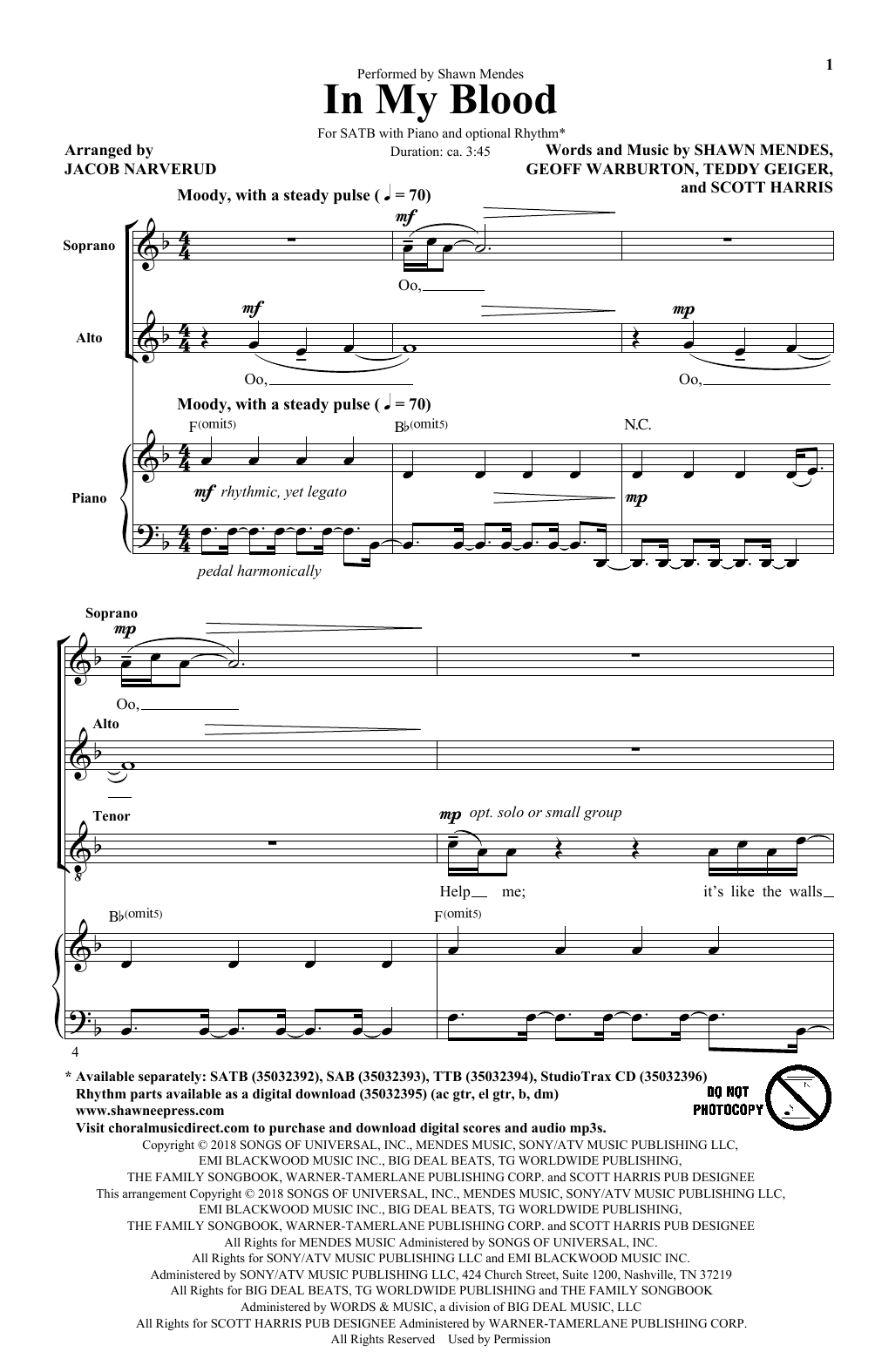 In My Blood (arr. Jacob Narverud) In My Blood (arr. Jacob Narverud)
