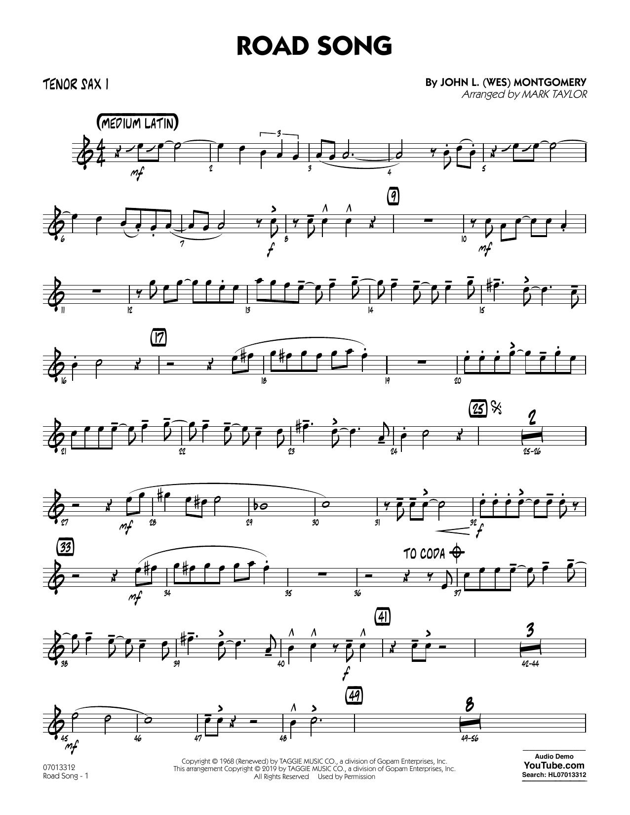 Road Song (arr. Mark Taylor) – Tenor Sax 1 Road Song (arr. Mark Taylor) – Tenor Sax 1